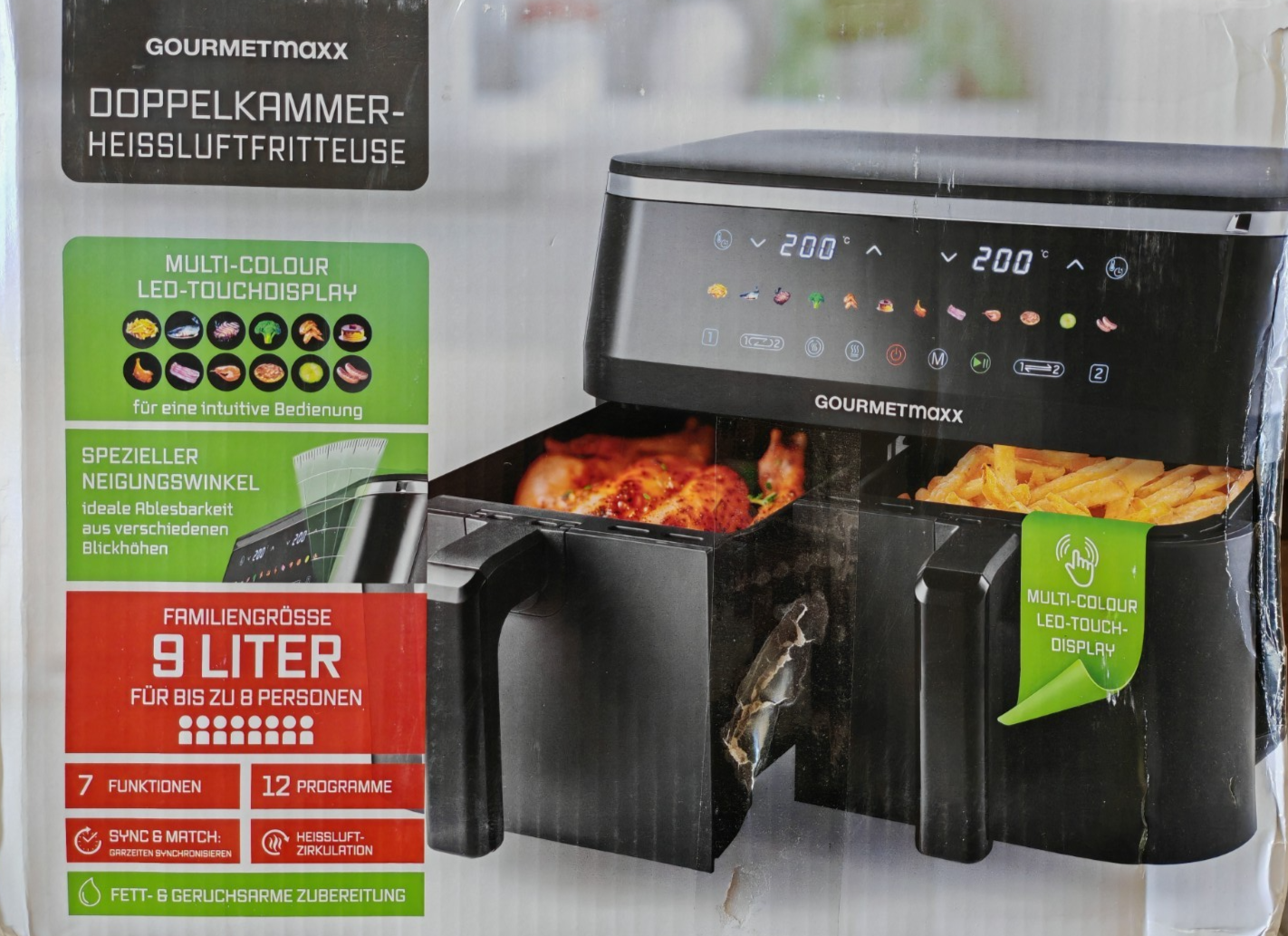 GOURMETmaxx Doppelkammer Heißluftfritteuse 9L Airfryer 3100W 12 Programme HA22