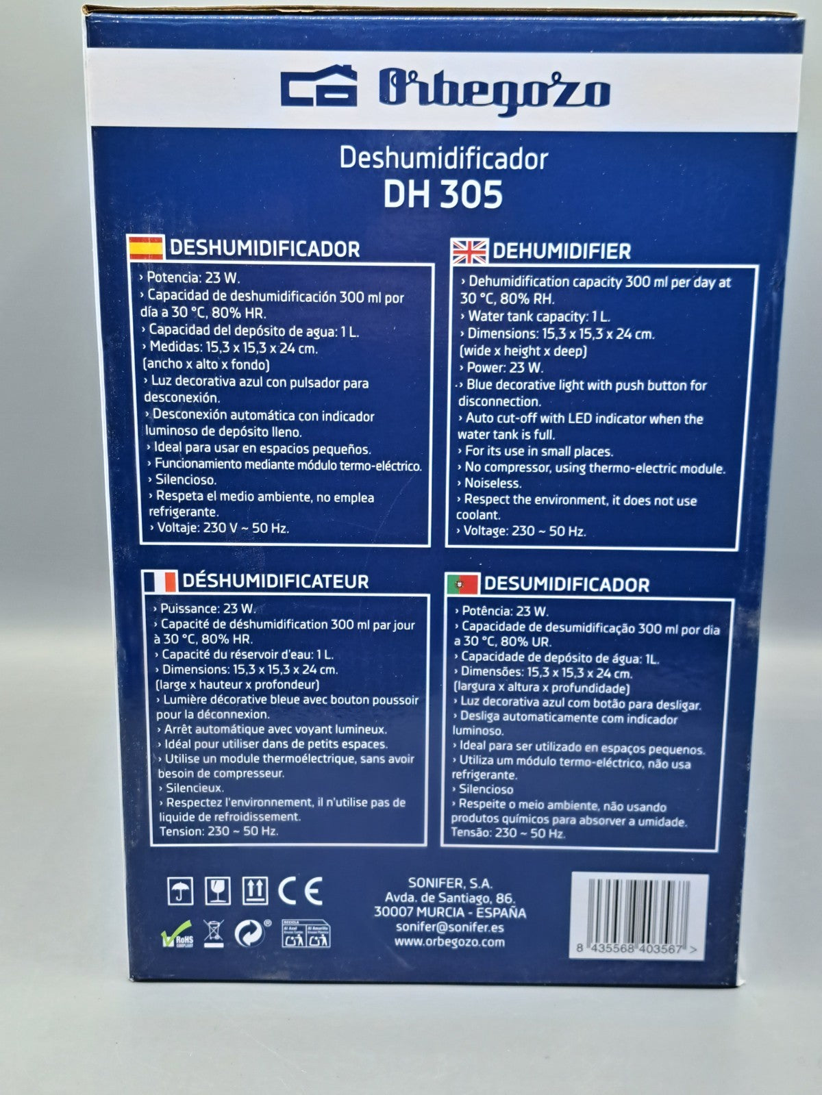 Orbegozo DH 305 Luftentfeuchter, kompakte Größe, leise, dekoratives Licht