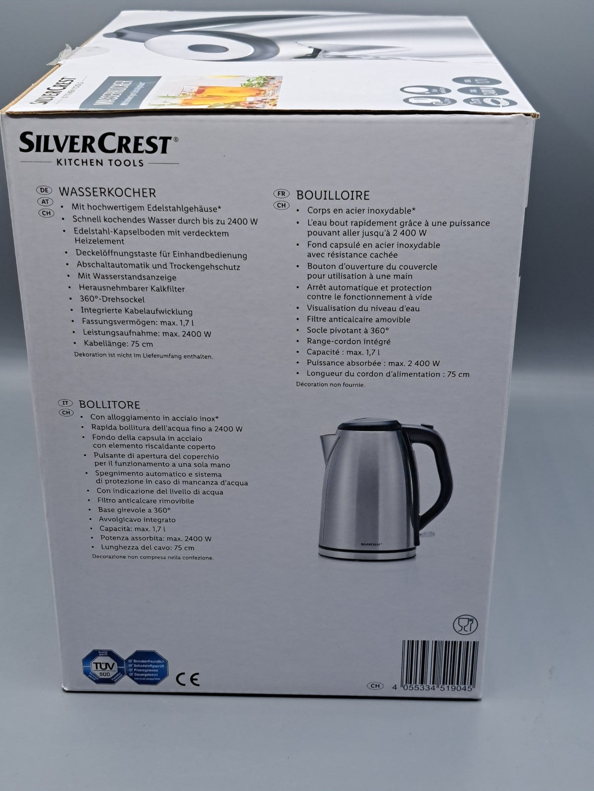 SilverCrest Wasserkocher, 1,7 Liter, 2400 Watt, Edelstahlgehäuse
