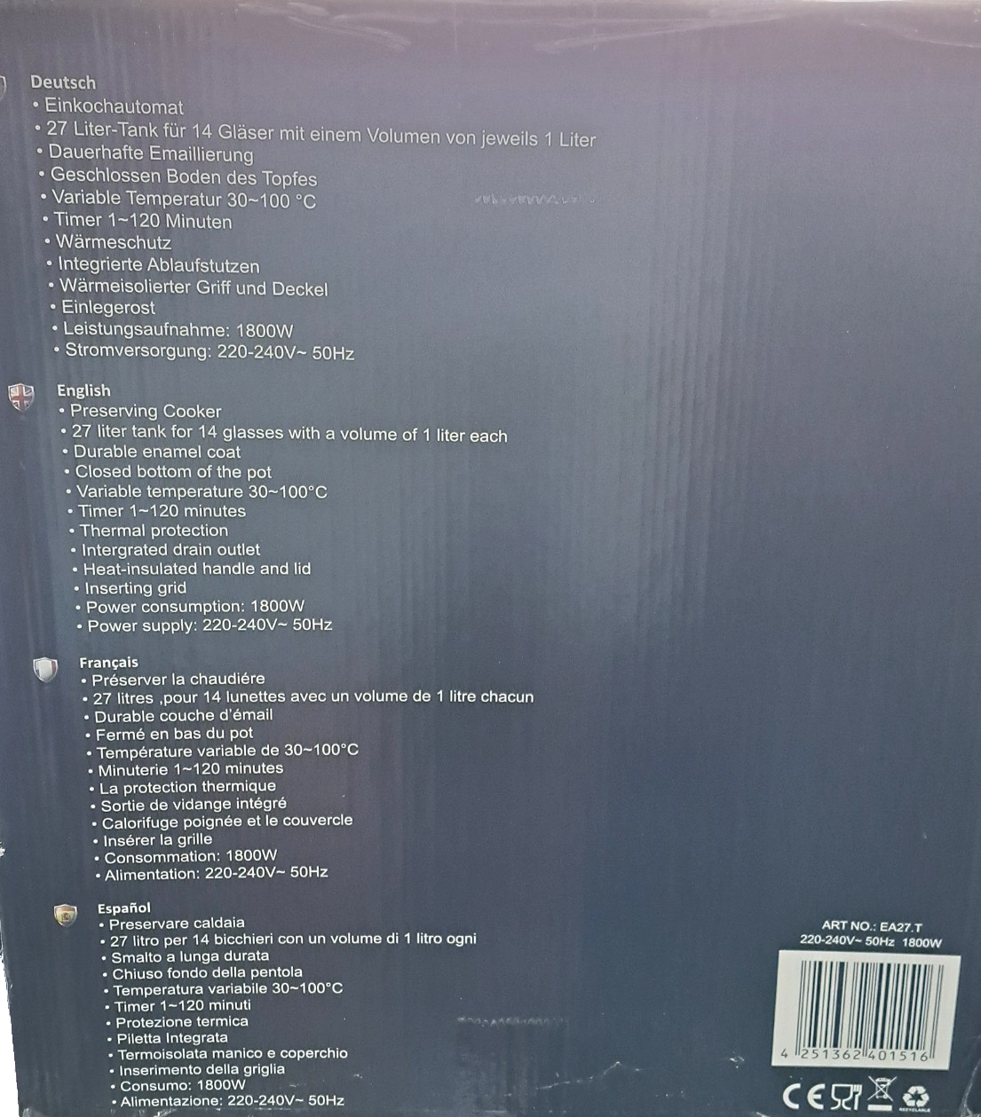 DMS Einkochautomat EA27.T 27L Einkochtopf Glühweinkocher 1800W Edelstahl HO-A13