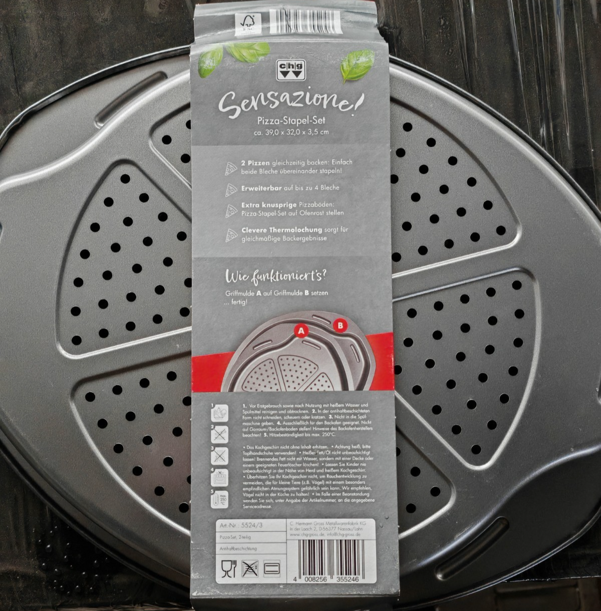 CHG Pizza-Stapel-Set 2 Stück 39x32x3,5 cm Pizzablech Backblech