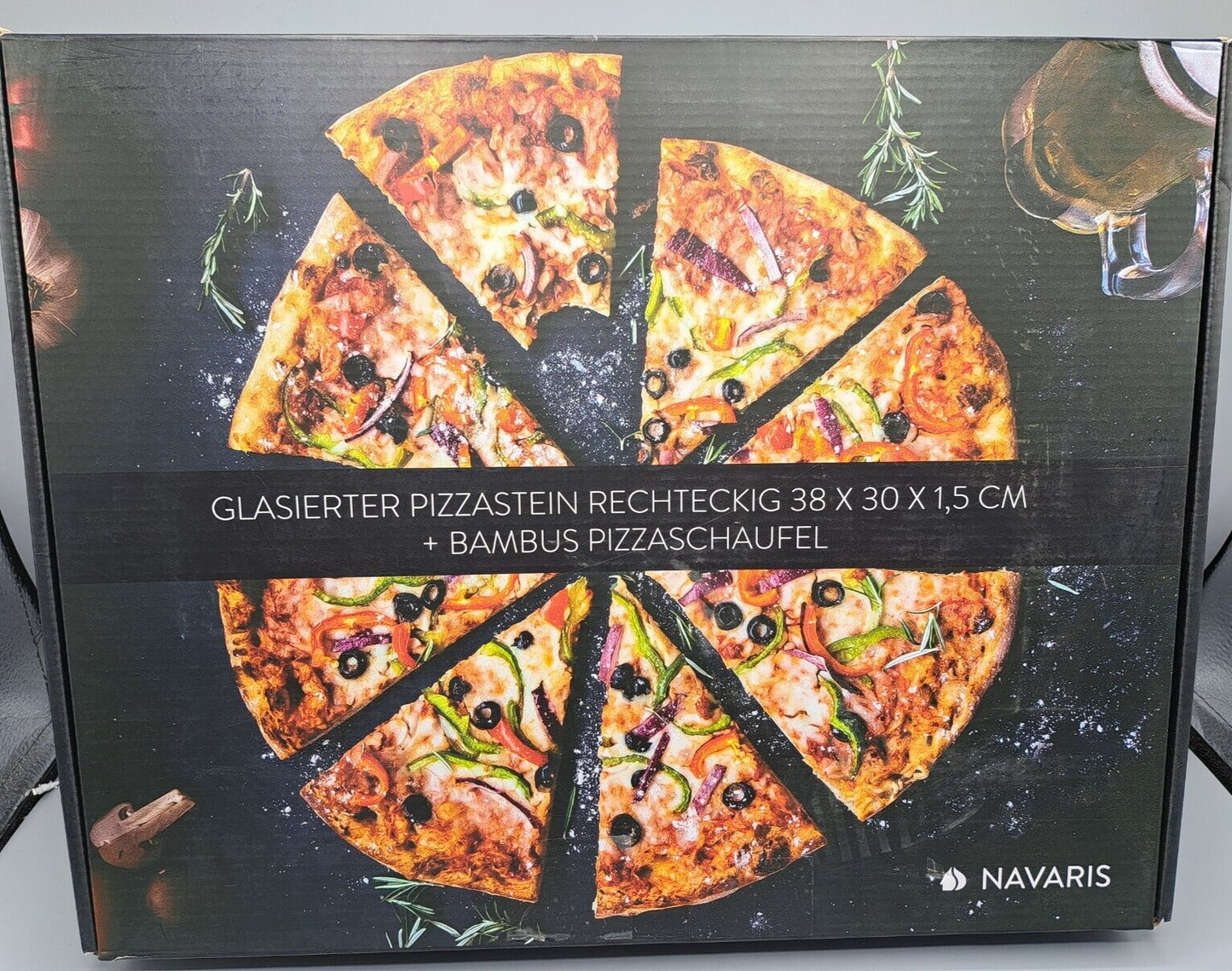 Navaris Glasierter Pizzastein 38x30x1,5cm + Bambus Pizzaschaufel