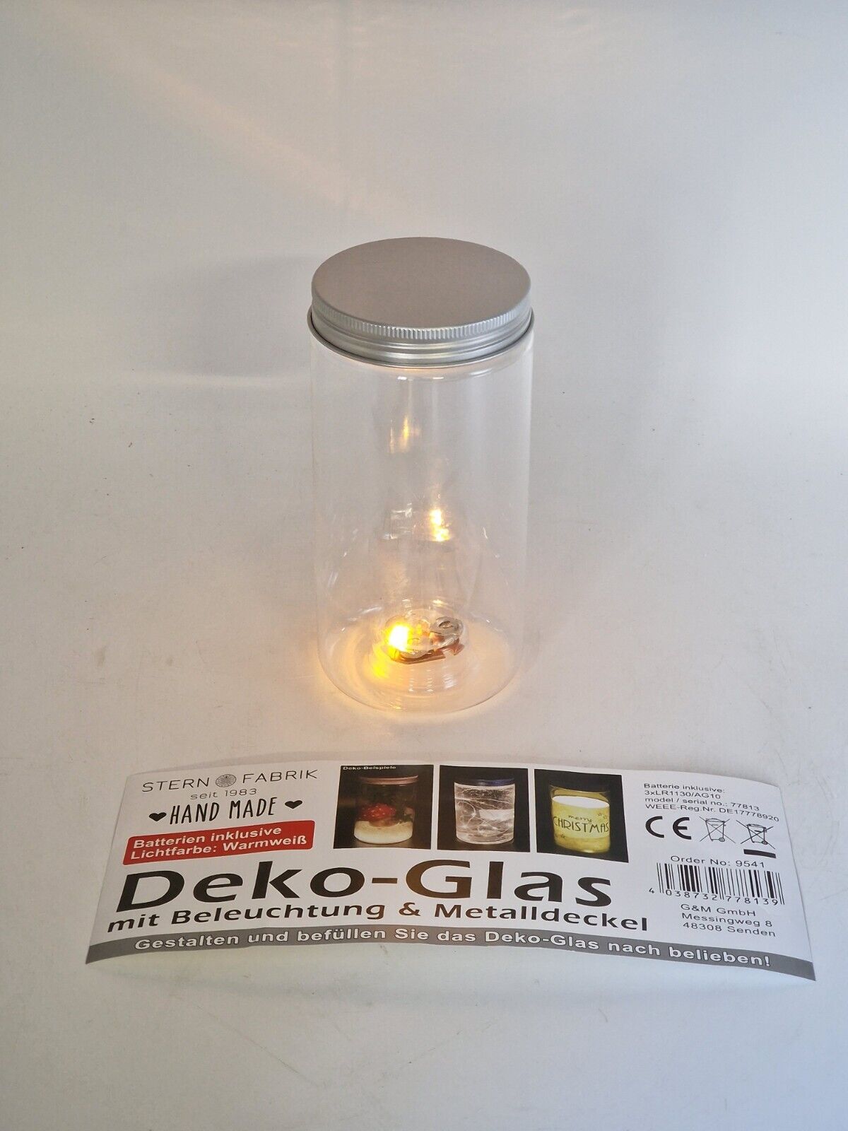 Stern Fabrik Handmade Deko-Glas mit Beleuchtung & Metalldeckel, 3er Set