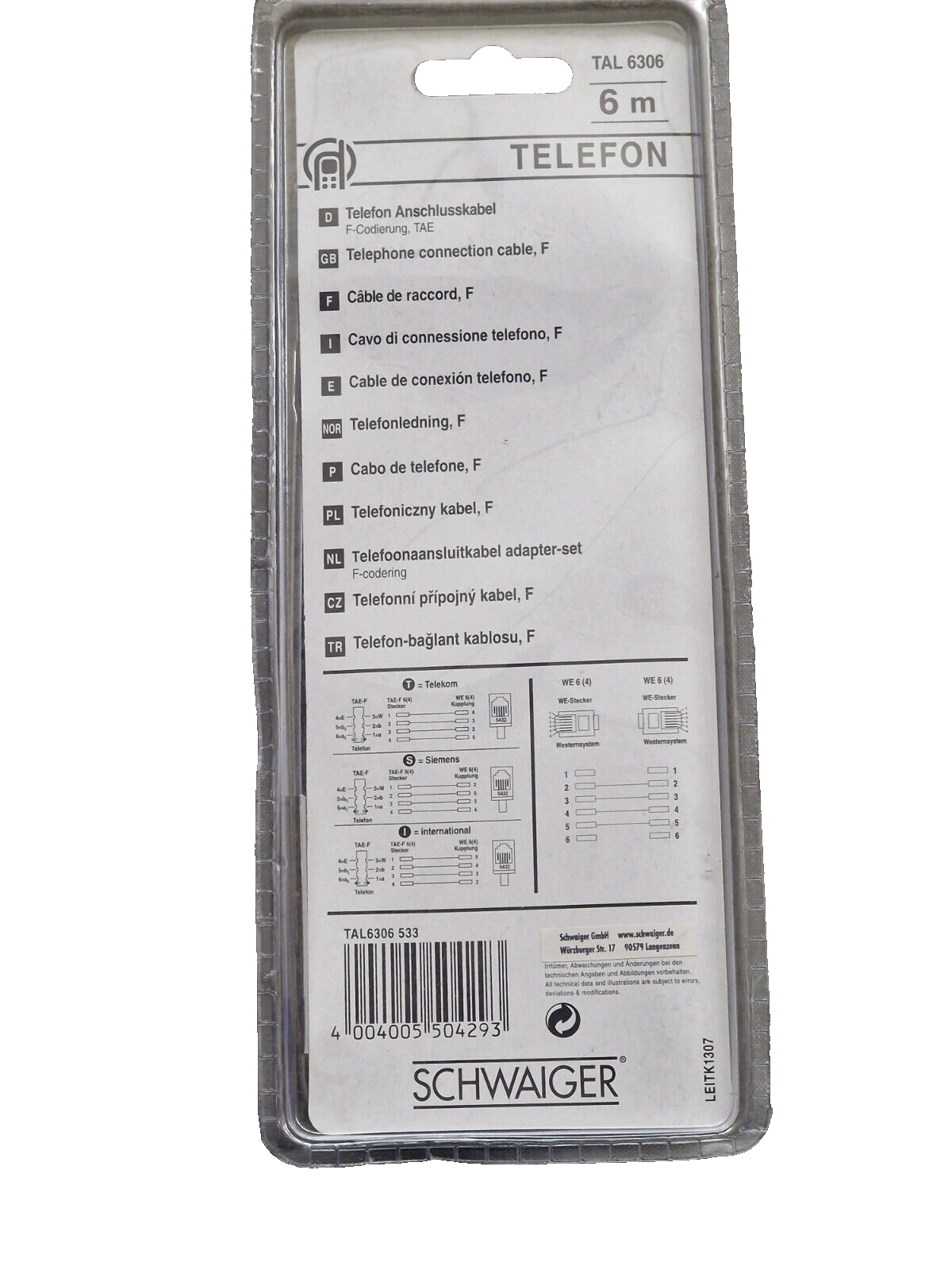 Schwaiger TAL 6306 Telefon Anschlusskabel 6 Meter