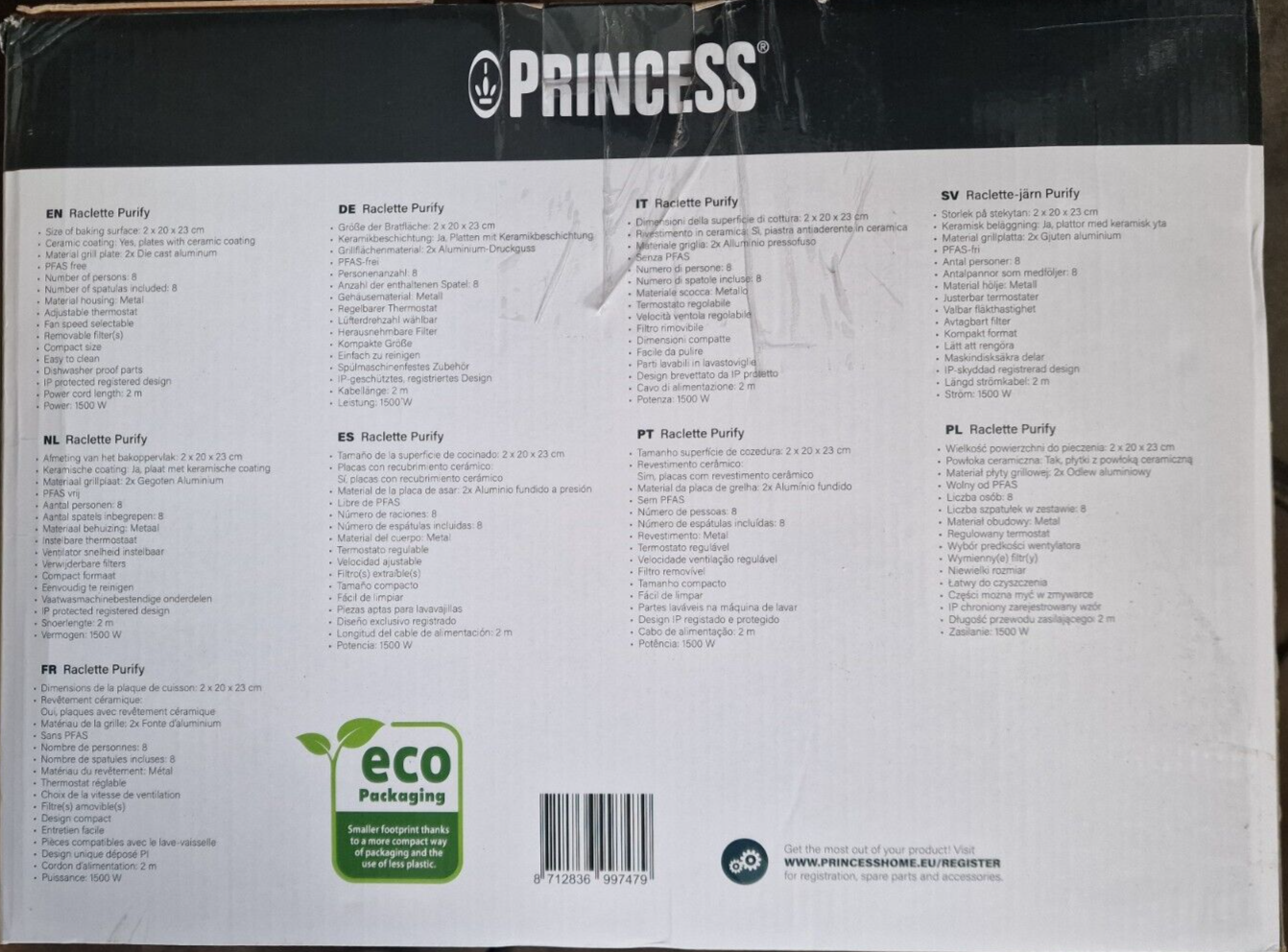 Princess Raclette Purify, 8 Personen, Integriertes Luftfiltersystem