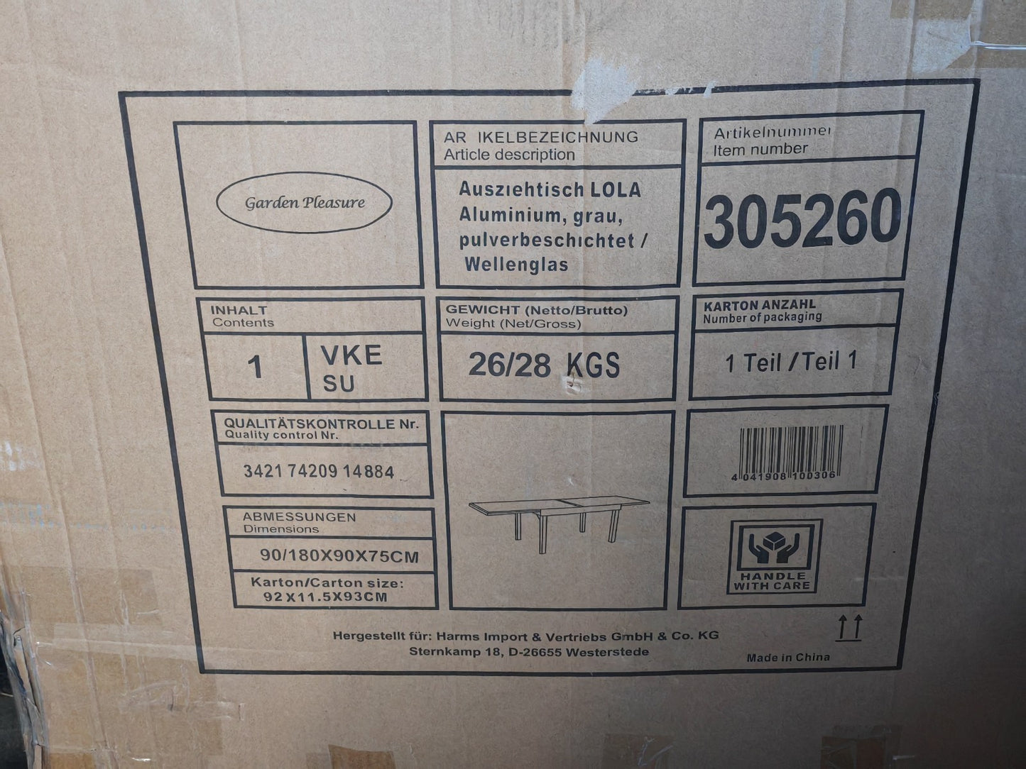 Ausziehtisch LOLA Aluminium grau pulverbeschichtet / Wellenglas 305260