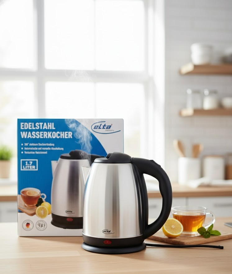 Elta Edelstahl Wasserkocher 1,7 L 360° drehbare Steckverbindung Kochwasser