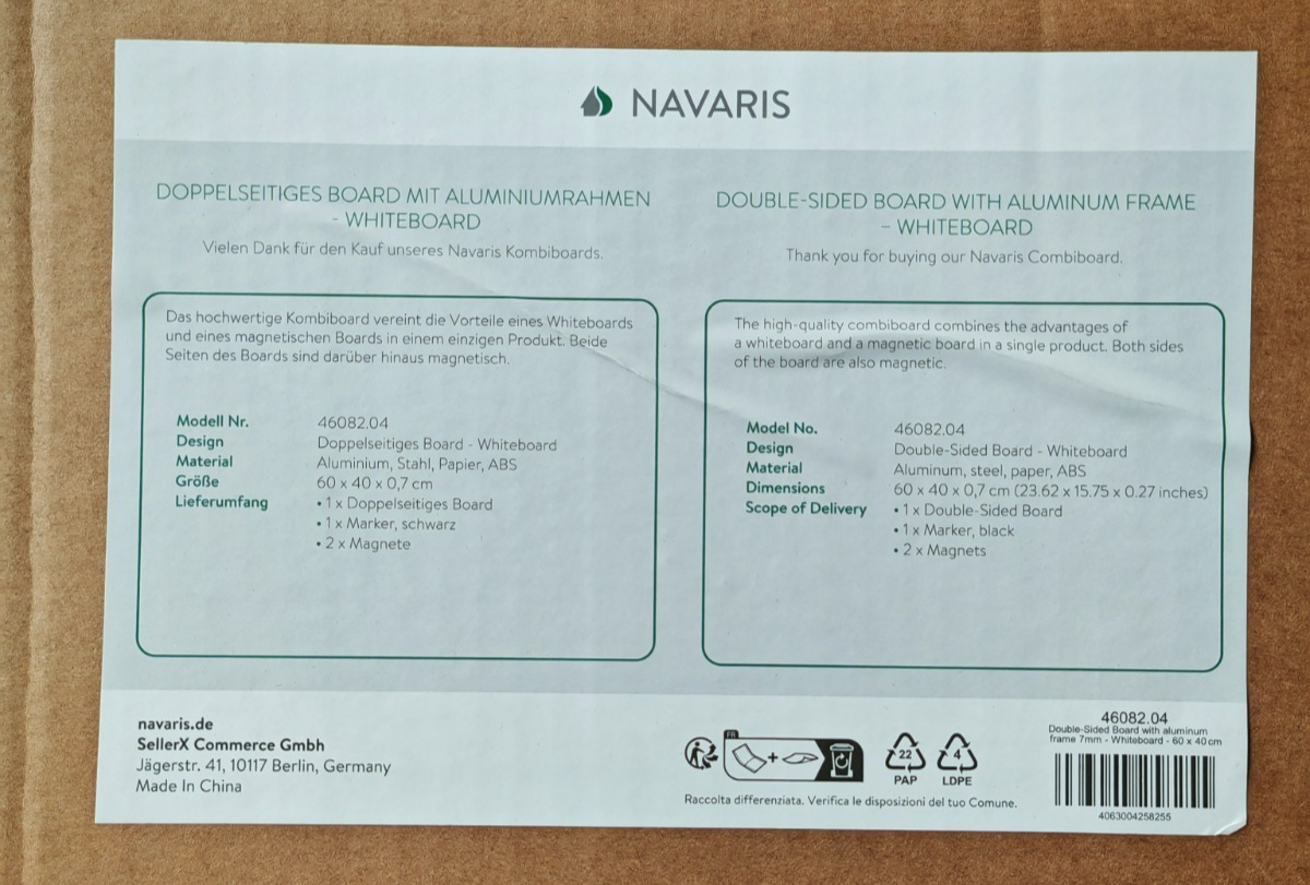 Navaris Kombiboard 60x40cm Whiteboard Magnettafel Magnetboard Alurahmen Set F4