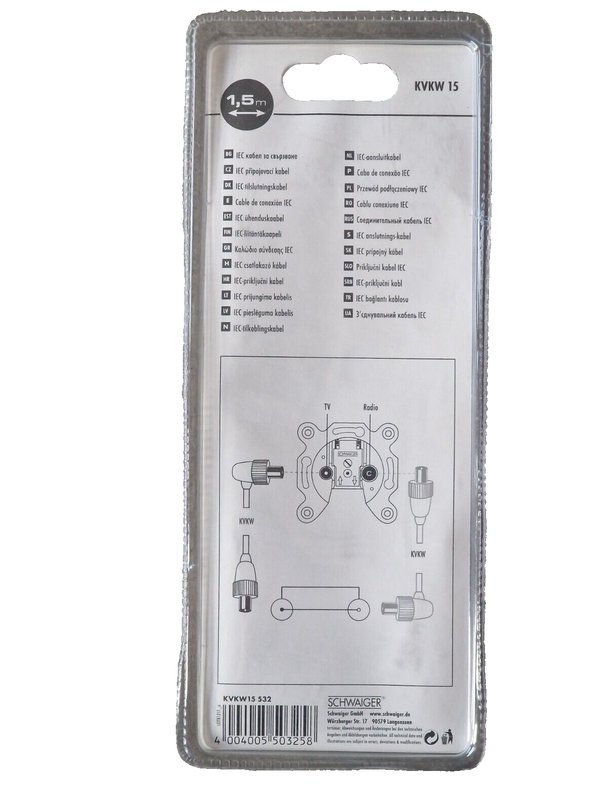 Schwaiger KVKW 15 IEC Anschlusskabel 1,5 Meter, 90 Grad