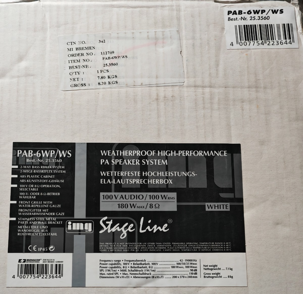 MONACOR PAB-6WP/WS ELA Lautsprecherbox Wetterfest 100W RMS 8 Ohm 100V Weiß A-08