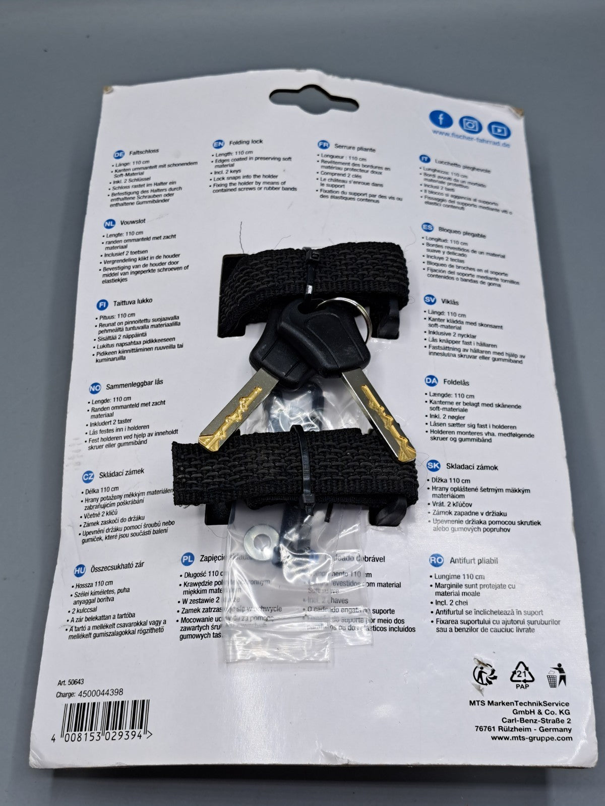 Fischer Soft-Touch PROTEC FKS110 110cm Falt-Fahrradschloss mit Schlüssel