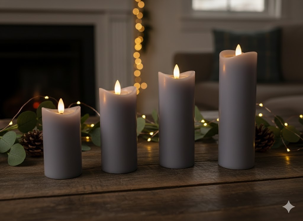 ELAMBIA 4er Set LED-Kerzen Slim-Line Grau | Wachsspiegel & Timer | Modern