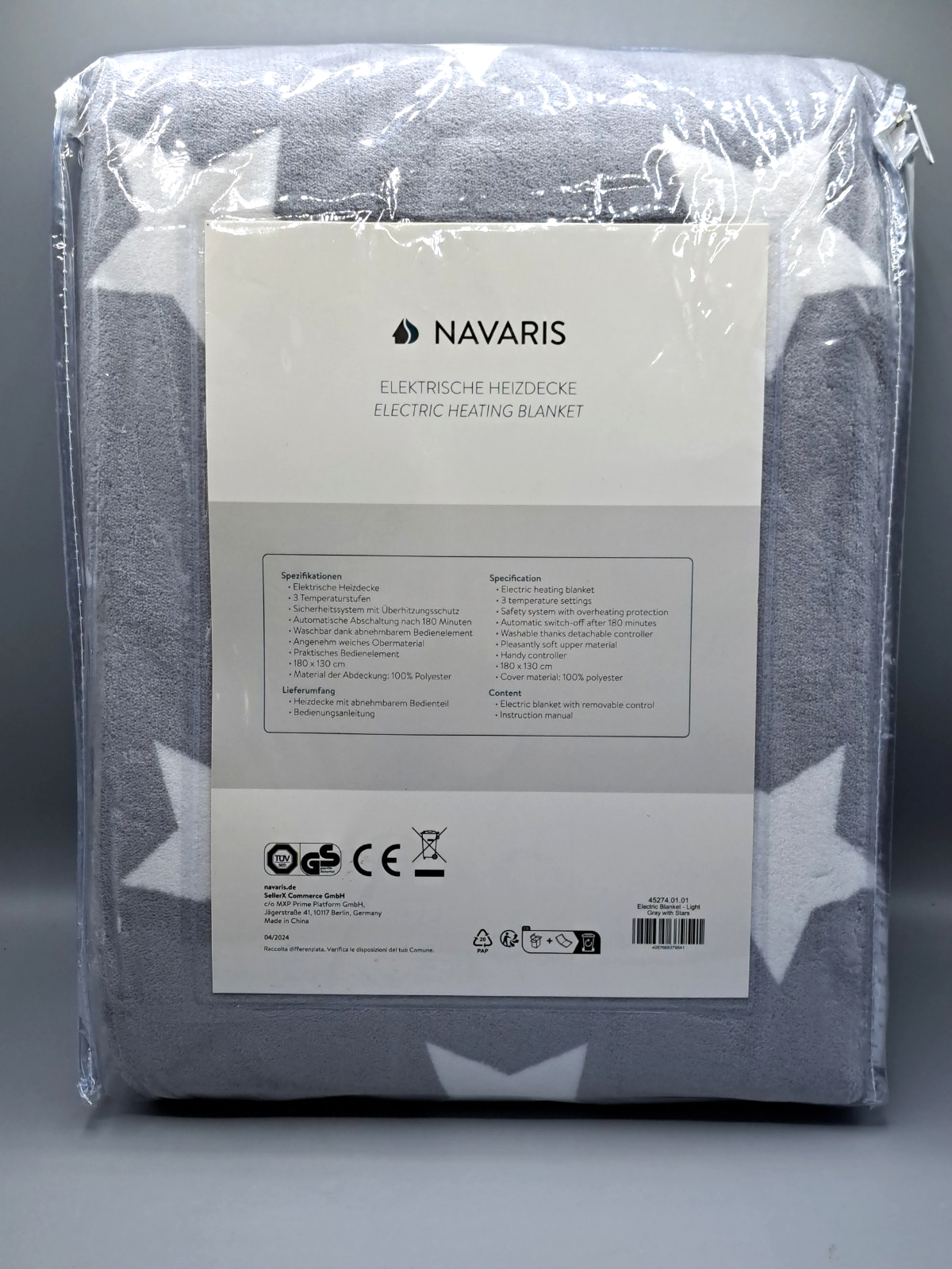 Navaris Elektrische Heizdecke 180x130, Grau mit Sternen