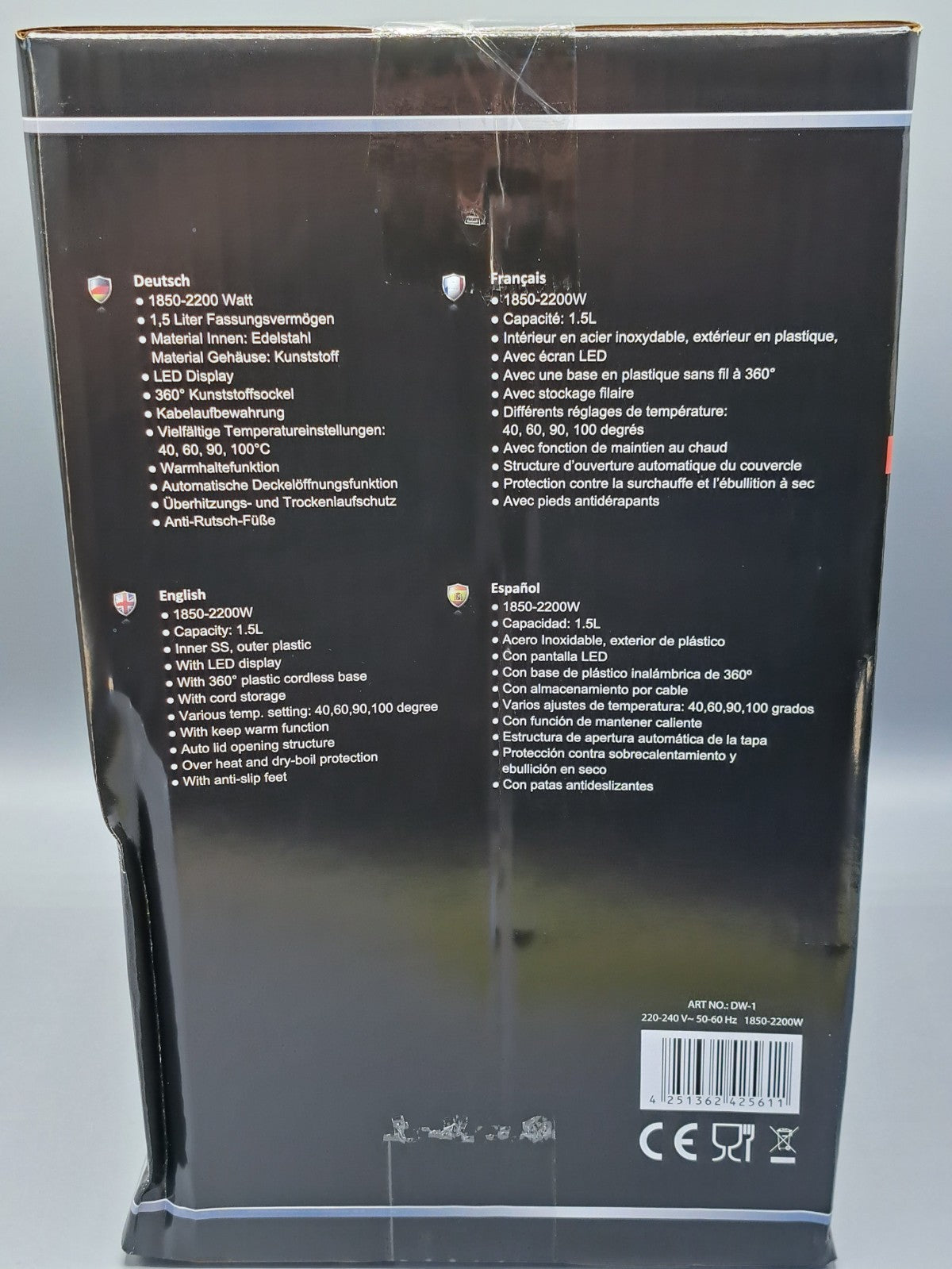 DMS DW-1 Digitaler Wasserkocher 1,5l 2200W LED Display Edelstahl Schwarz