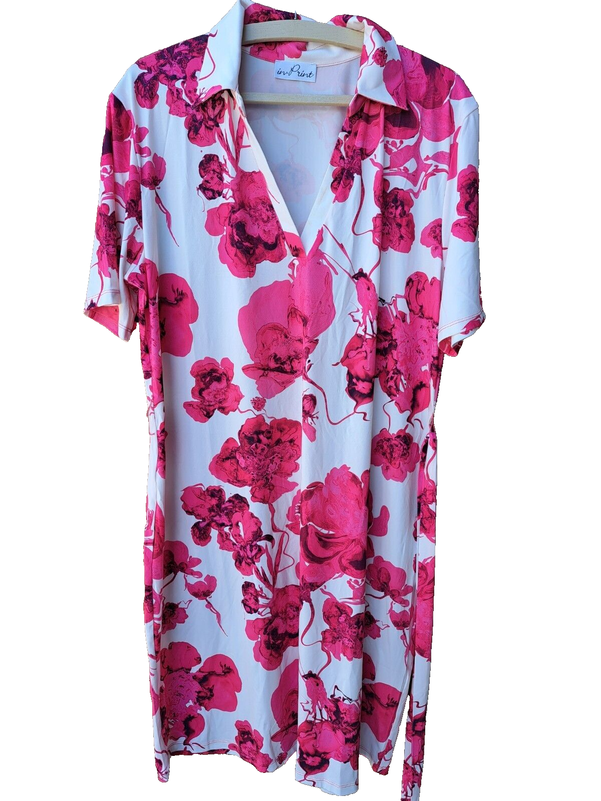 IN-PRINT Kleid, 1/2-Arm Polokragen Blätterdruck Pink, Größe M