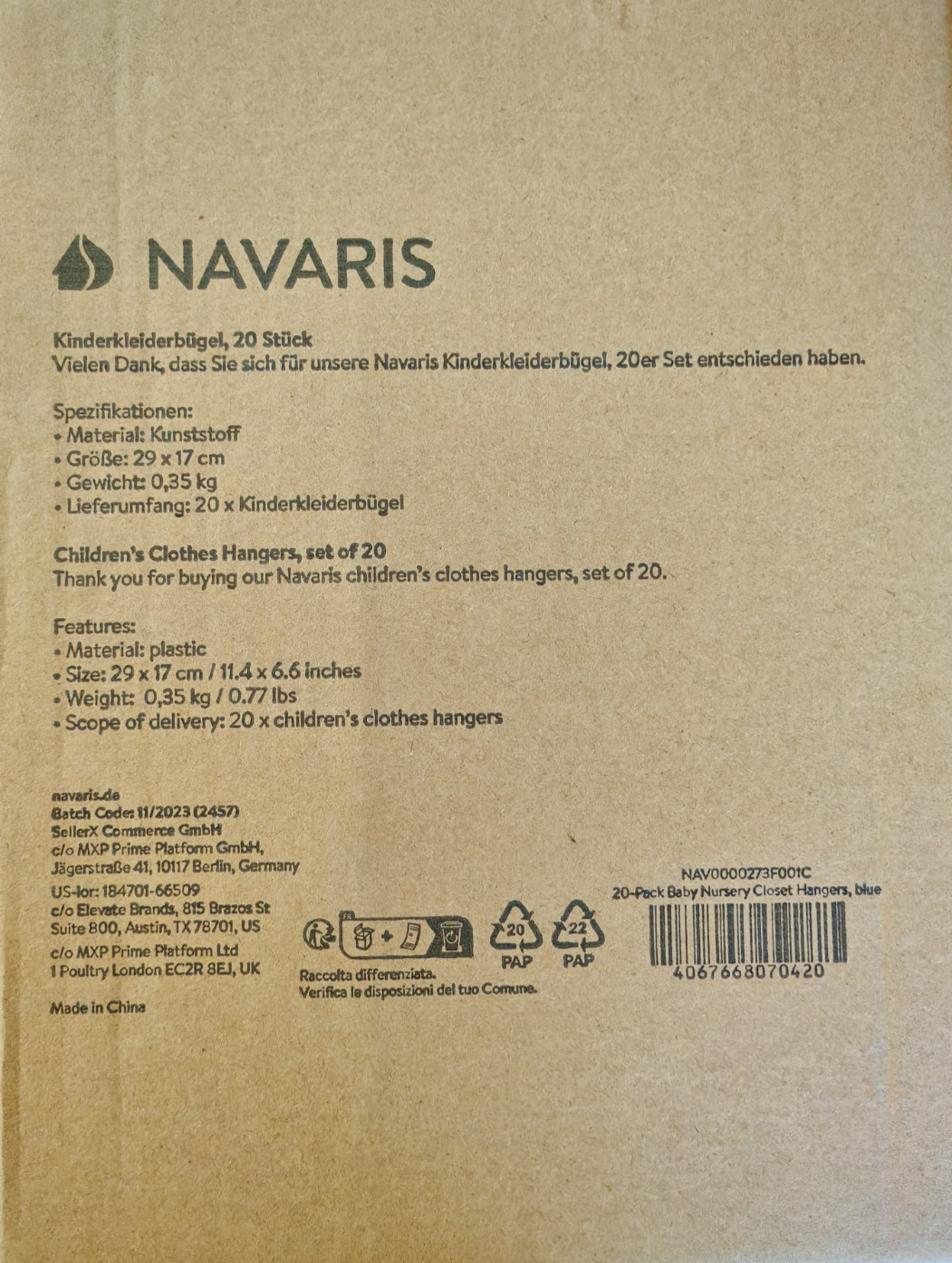 Navaris Kinderkleiderbügel 20er Pack Baby und Kinderbügel aus Kunststoff C-06