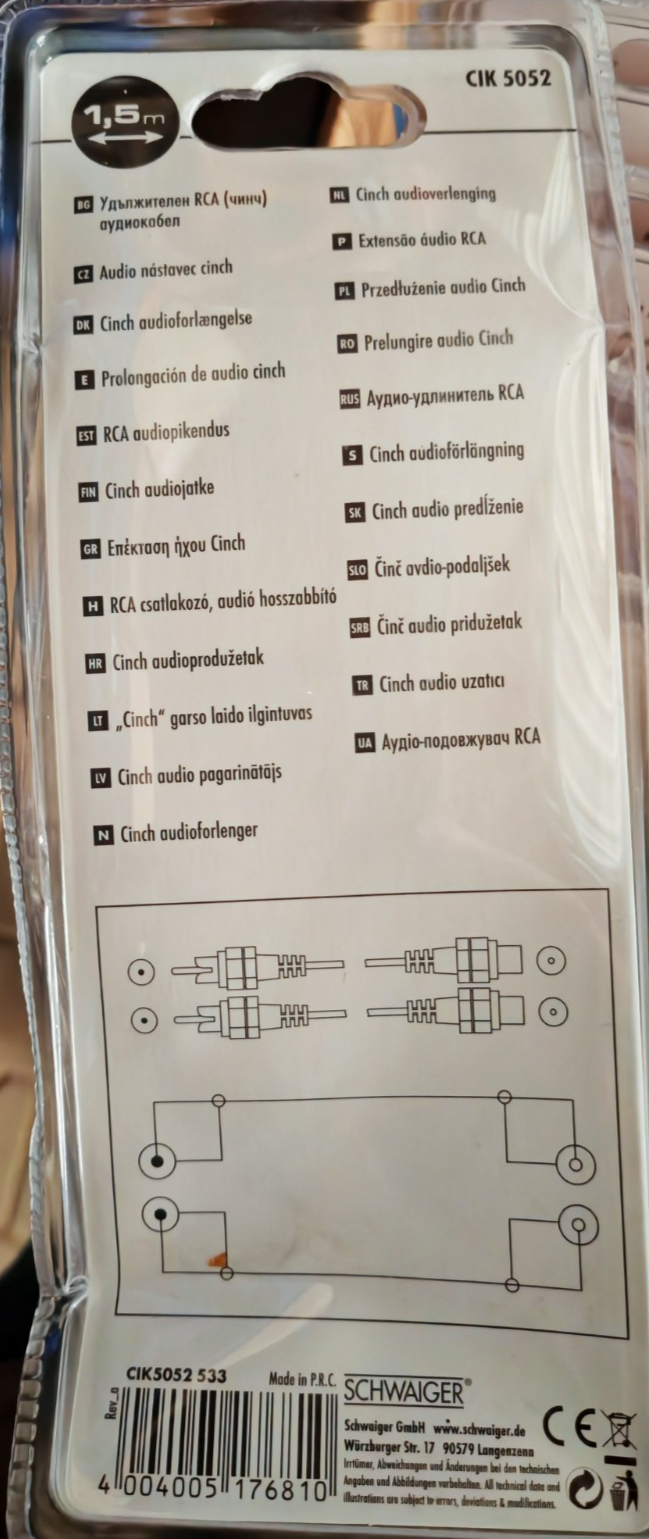 Schwaiger CIK5052 Cinch Audio Verlängerung RCA Kabel Stereo Verlängerung A5