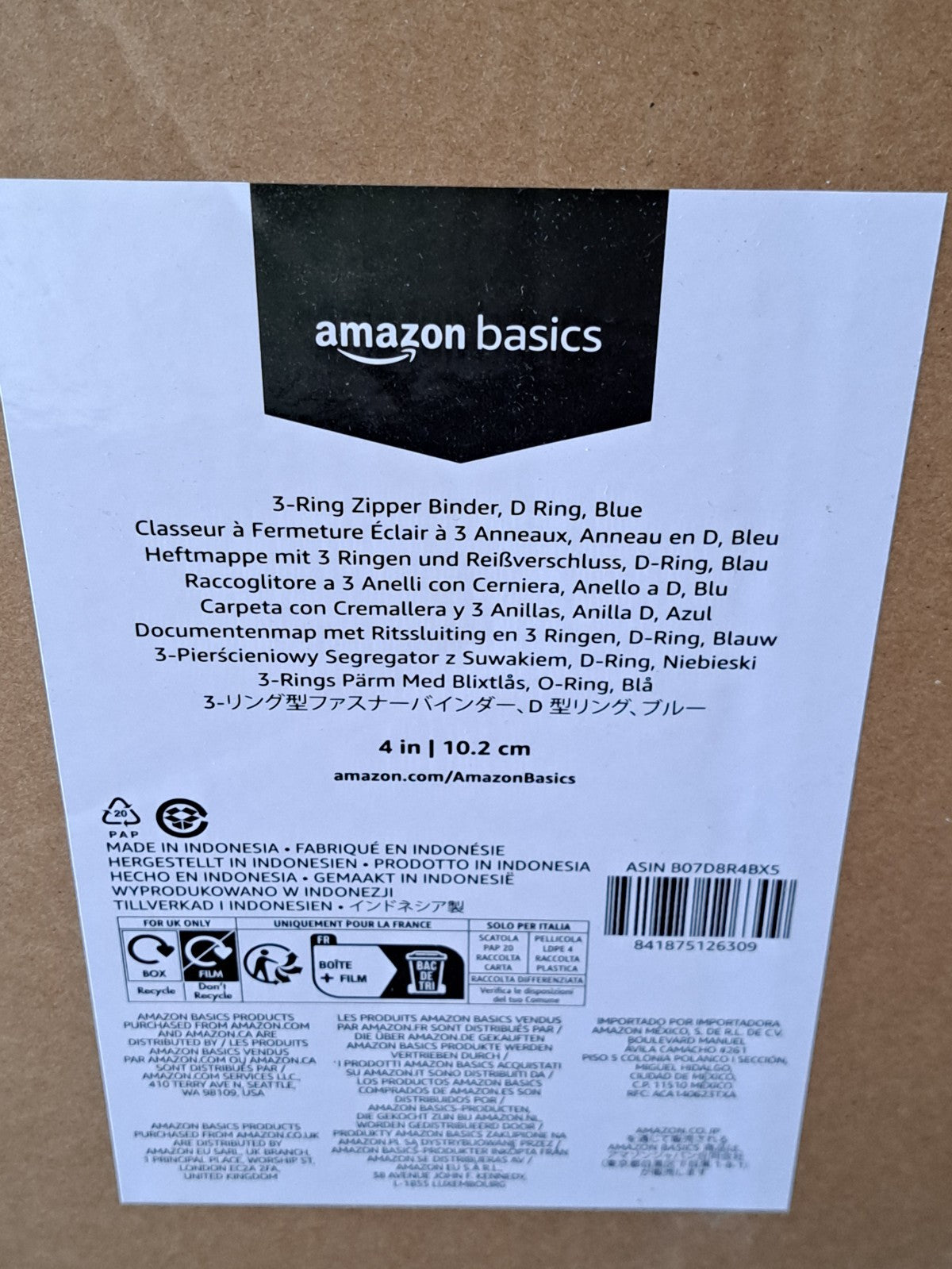 Amazon Basics - Ringbuch mit 3 Ringen und Reißverschluss - D-Ring, 10,16 cm, Bla