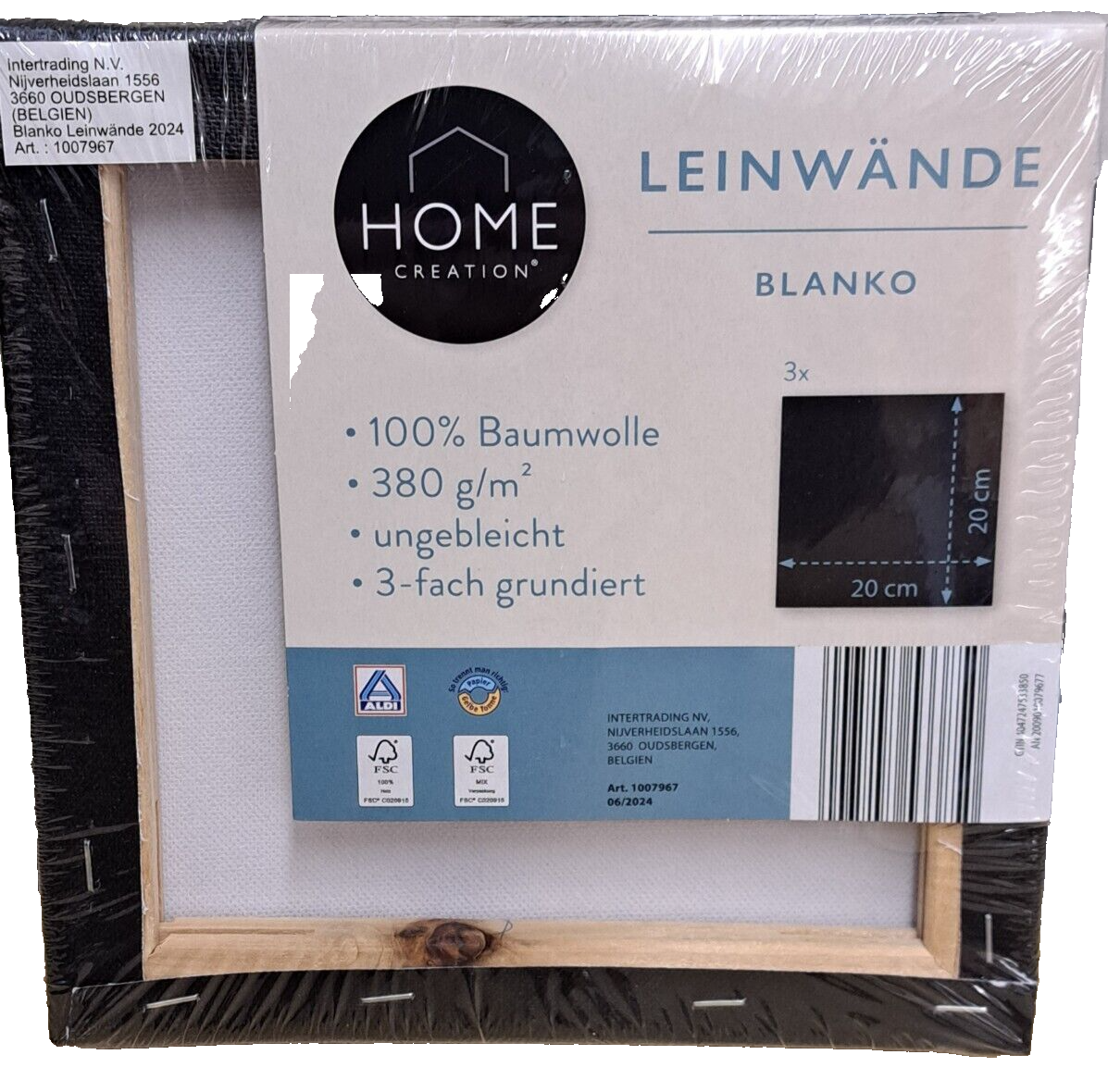 3x Home Creation Leinwand Blanko 20x20cm , Schwarz