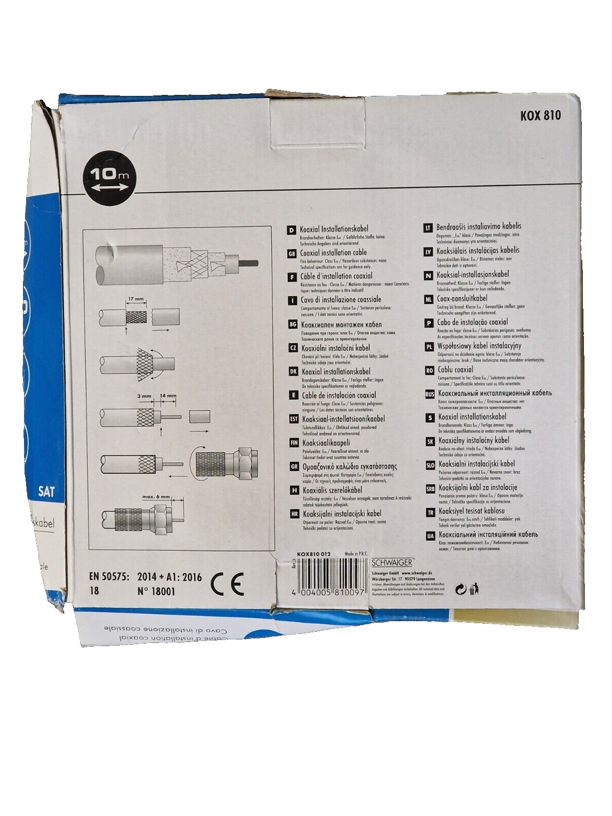 Schwaiger KOX 810 Koaxial Installationskabel 10 Meter, 110dB, 7mm, 3x Shielded