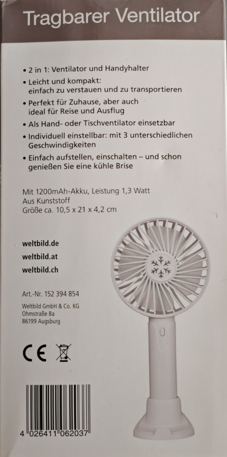 Weltbild Handventilator Tragbarer Ventilator Weiß mit Handyhalter USB C01