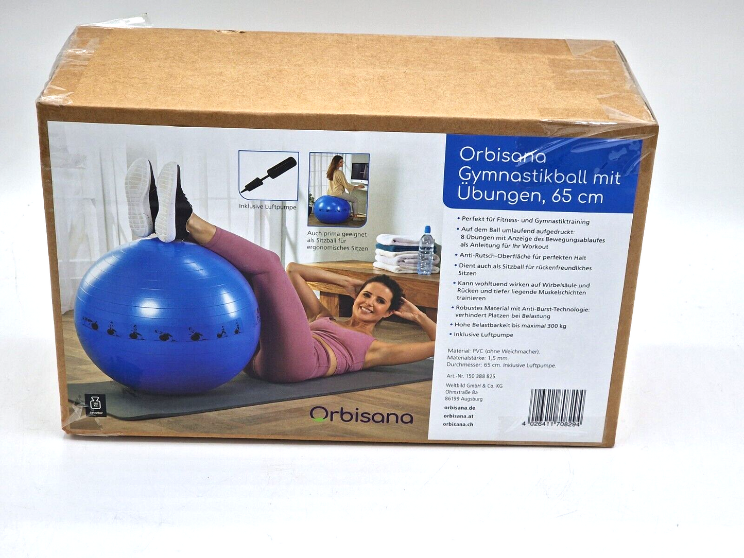 Orbisana Gymnastikball mit Übungen, 65 cm