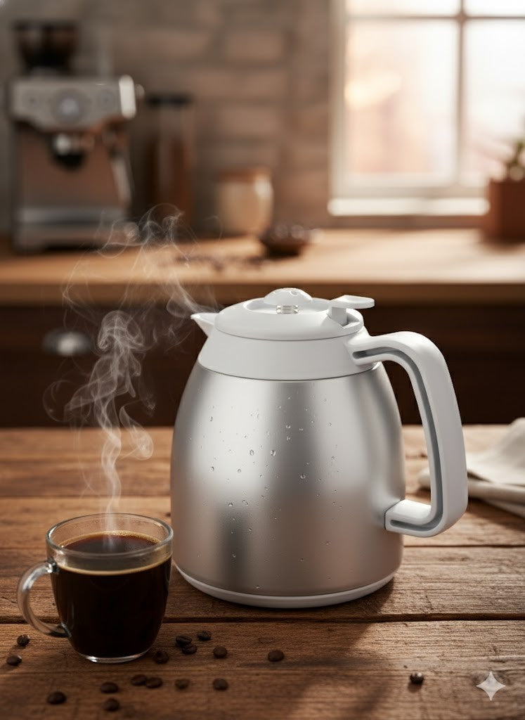 Thermo-Kanne Kaffee & Tee Silber Weiß Isolierkanne Warmhaltekanne