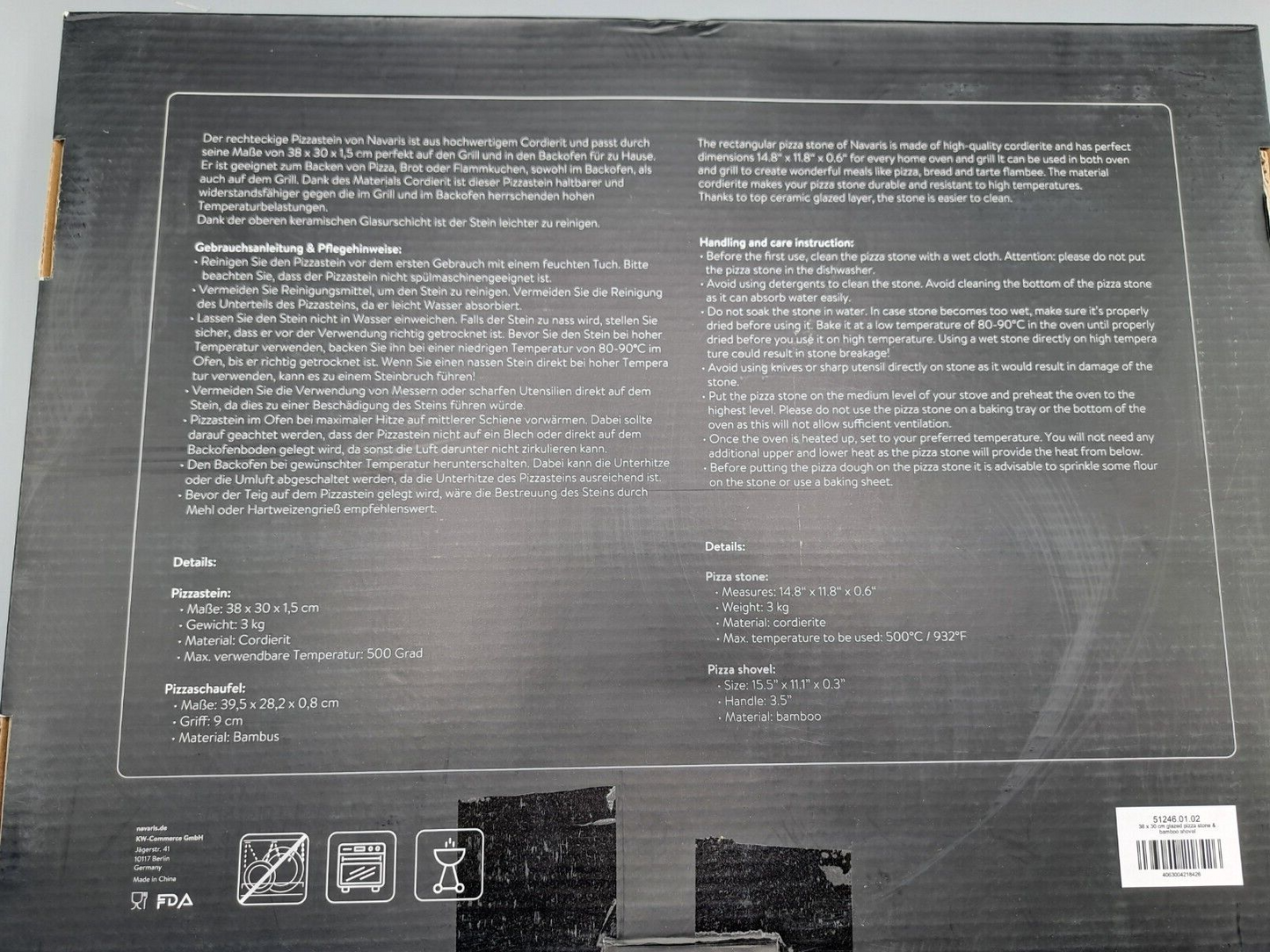 Navaris Glasierter Pizzastein 38x30x1,5cm + Bambus Pizzaschaufel