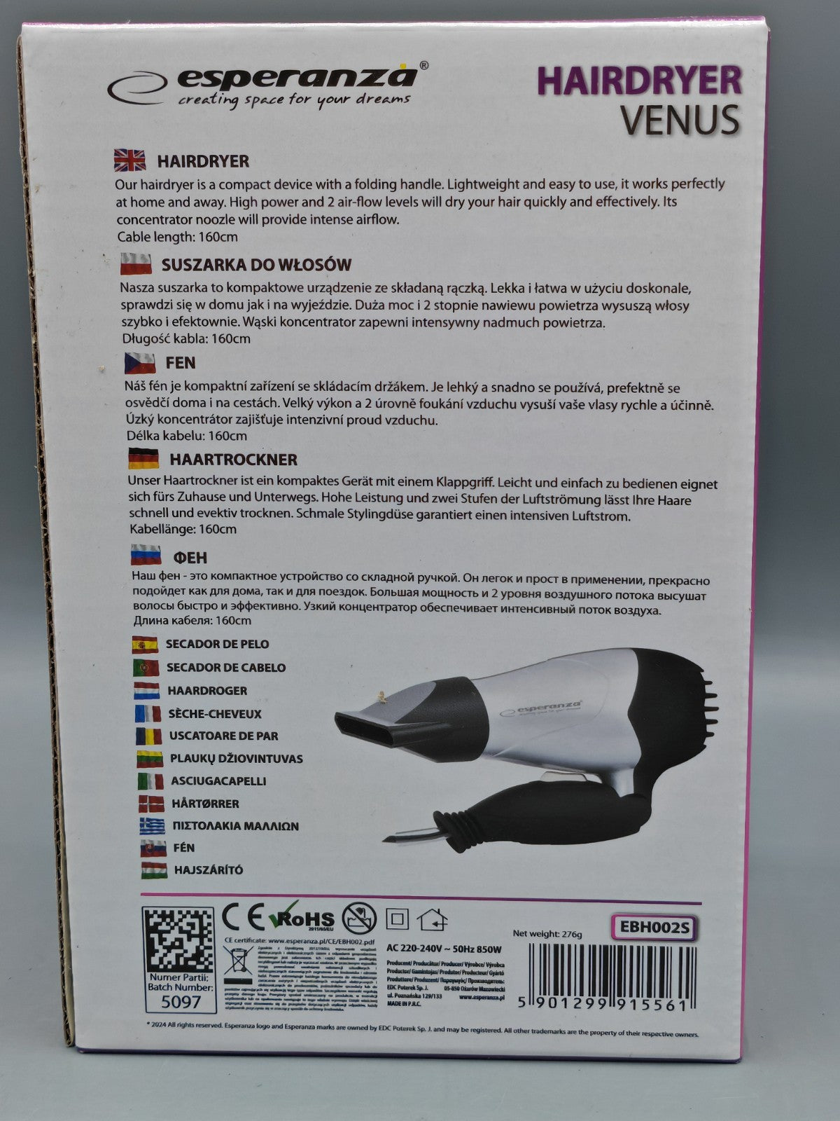 Esperanza EBH002S Venus 850W Haartrockner Fön Profi Haarstyling, Faltbar