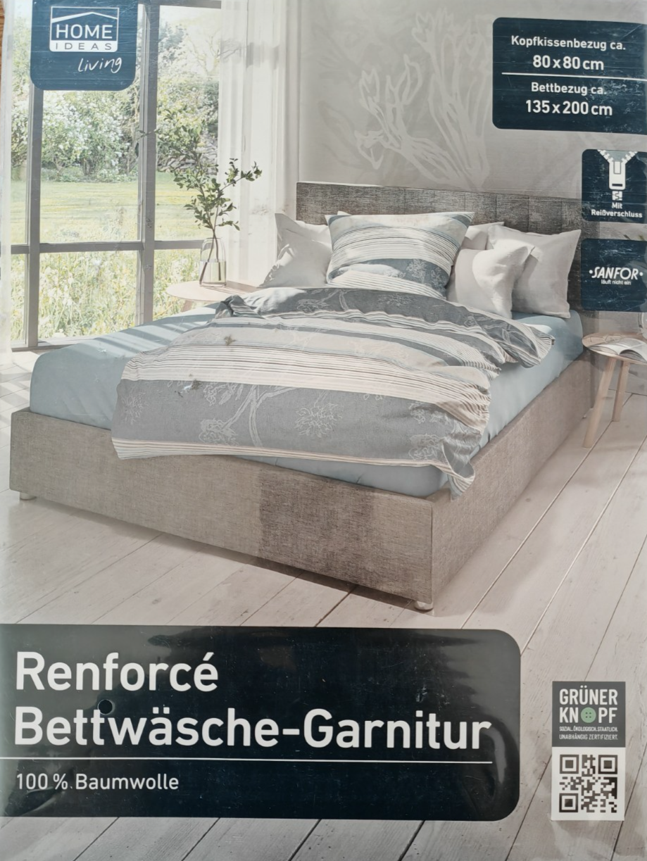 HOME IDEAS Renforcé Bettwäsche 135x200 80x80 Baumwolle Grau Blau 2-teilig E5