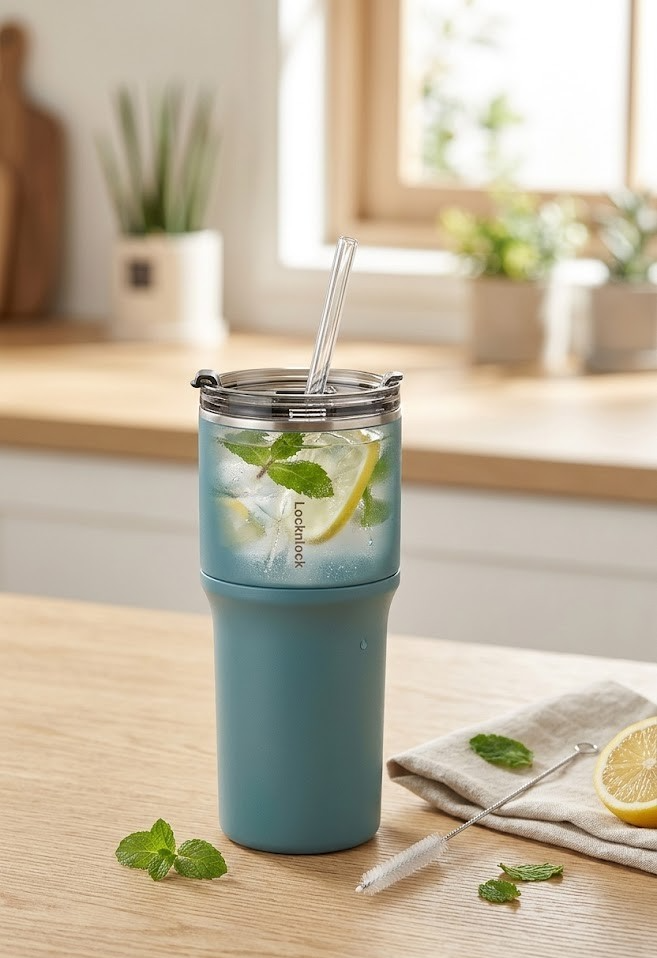 LocknLock Thermobecher aus Edelstahl Trinkhalm Tritan™ 650 ml Aqua