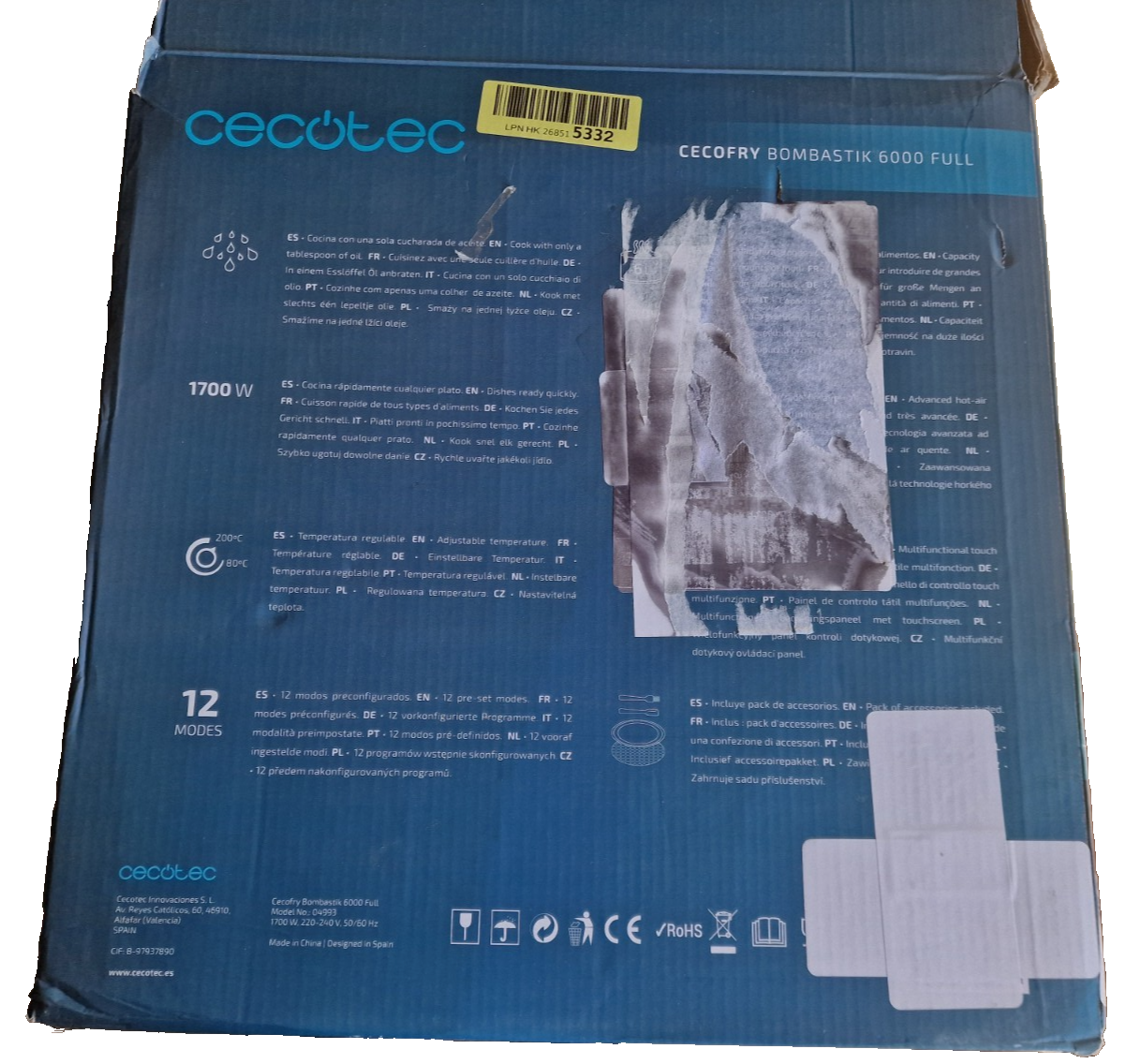Cecotec Cecfry Bombastik 6000 Full, Beschreibung beachten.