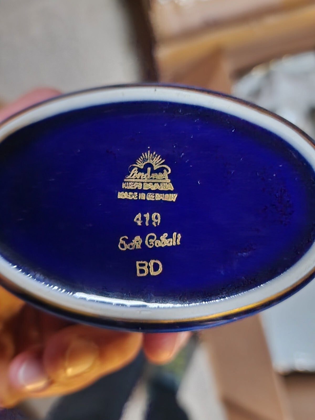 Lindner Porzellanfabrik, Öllampe, Antiquität, Ätzgold Kobalt,