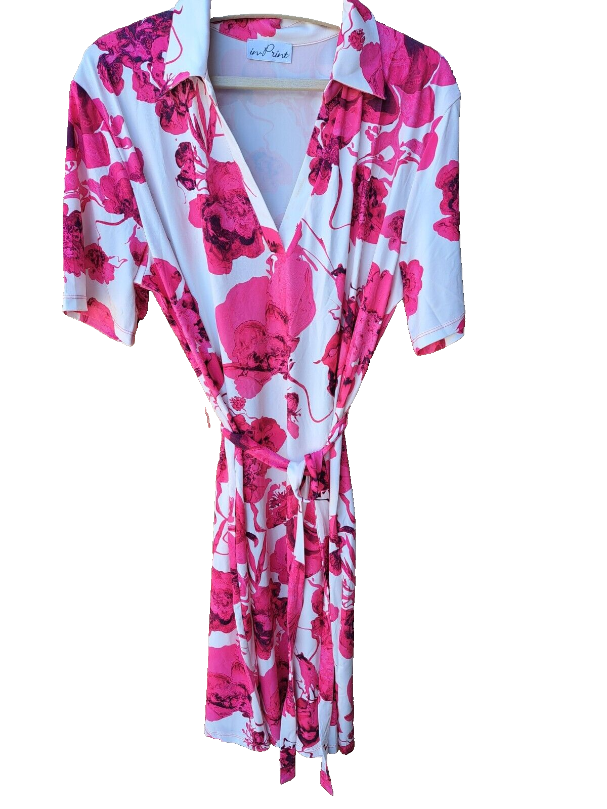 IN-PRINT Kleid, 1/2-Arm Polokragen Blätterdruck Pink, Größe M