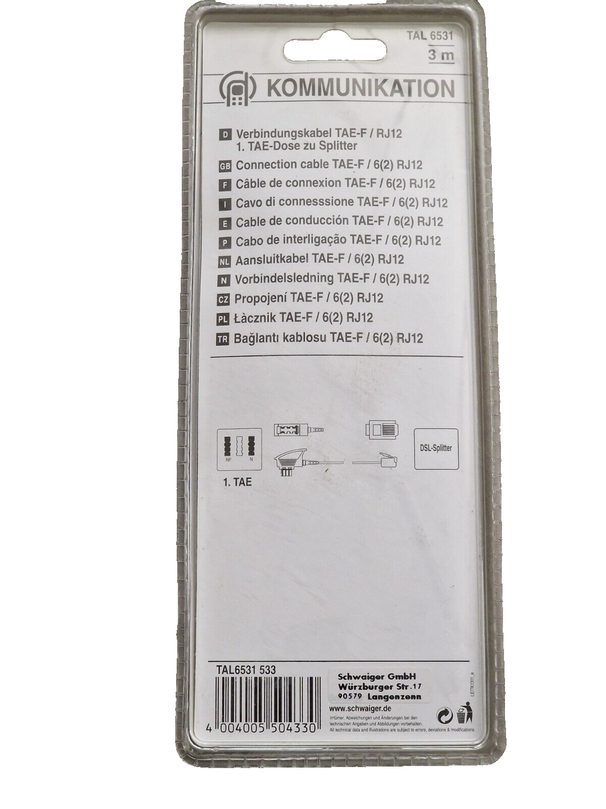 Schwaiger TAL 6531 Verbindungskabel TAE-F /RJ12 1.TAE-Dose zu Splitter