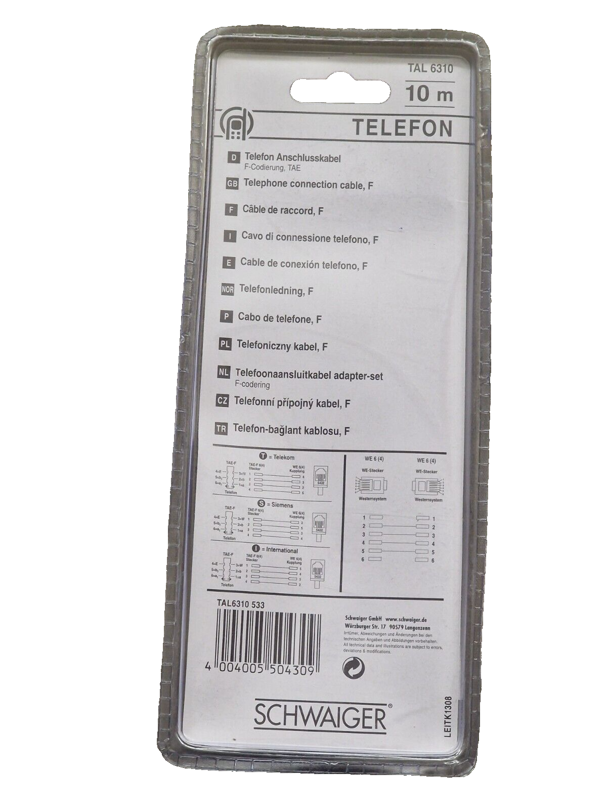 Schwaiger TAL6310 Telefonanschlusskabel 10m Telefon Kabel TAE