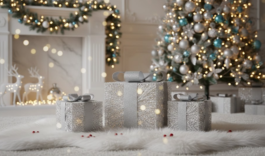 LUMIDA Xmas 3 LED Geschenke Silber 20/26,5/31,5cm mit 6h-Timerfunktion