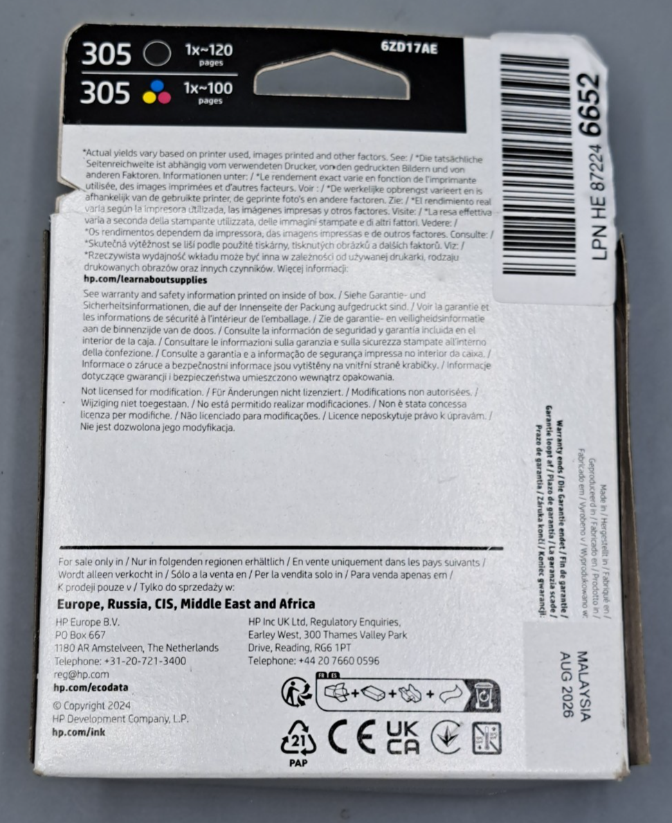 HP 305 2er-Pack Schwarz/Cyan/Magenta/Gelb Druckerpatronen