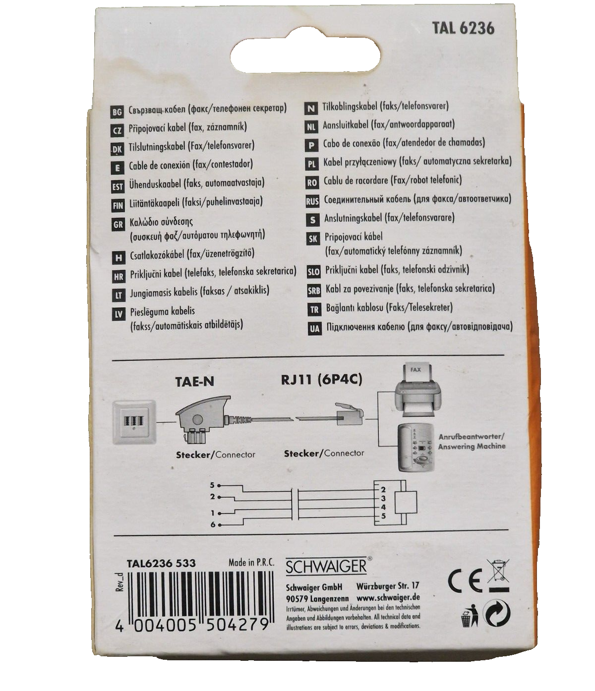 Schwaiger TAL 6236 Anschlusskabel FAX/Anrufbeantworter 6 Meter