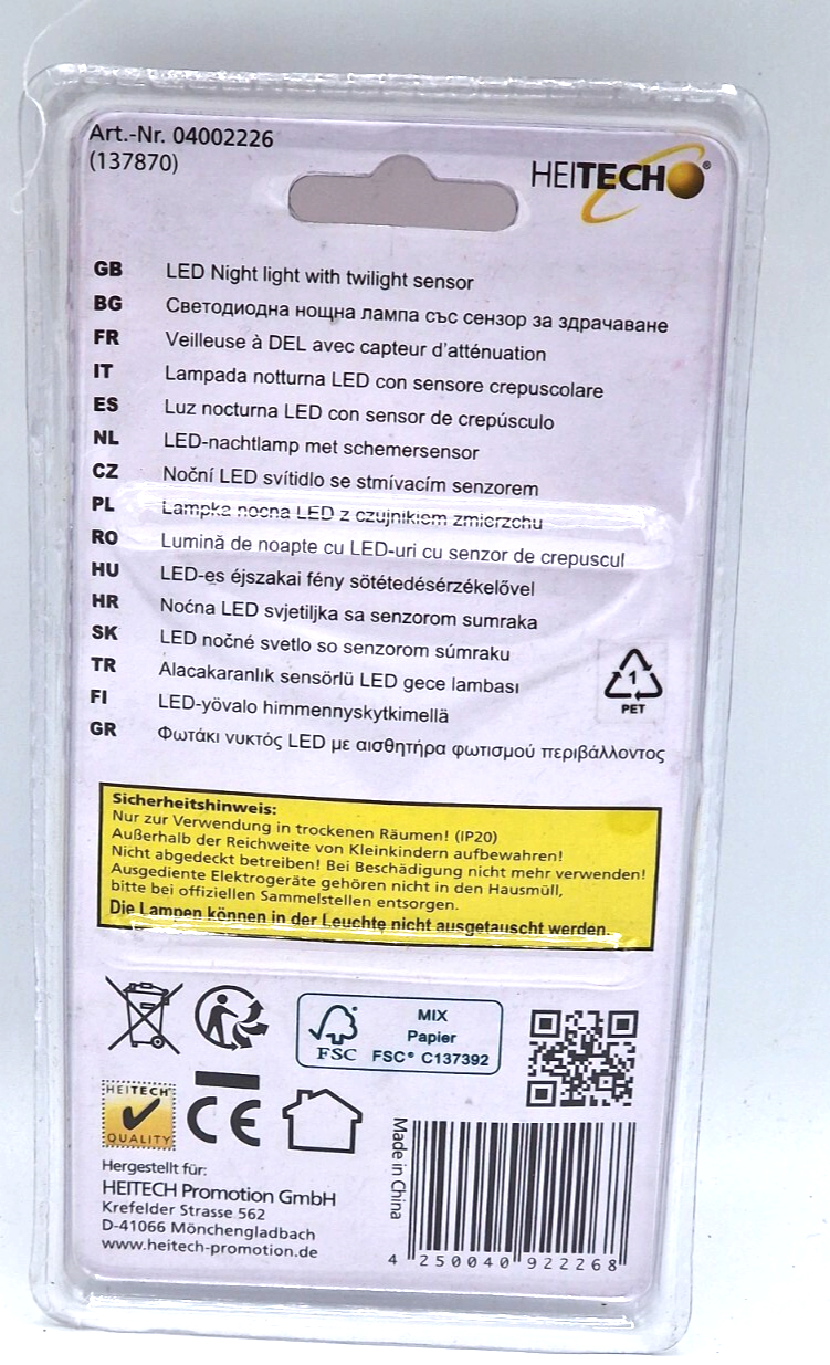 HEITECH LED Nachtlicht mit Dämmerungssensor Steckdose 360° drehbar 30 lm A8