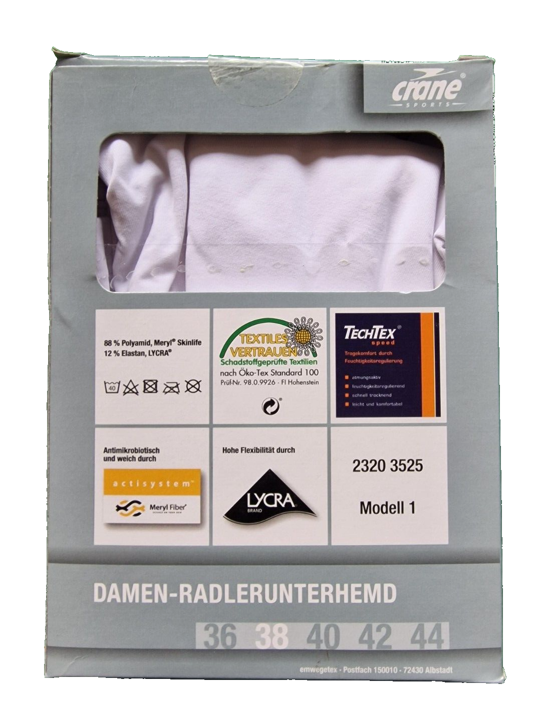 Crane Damen-Radlerunterhemd, Größe 38, Farbe weiß