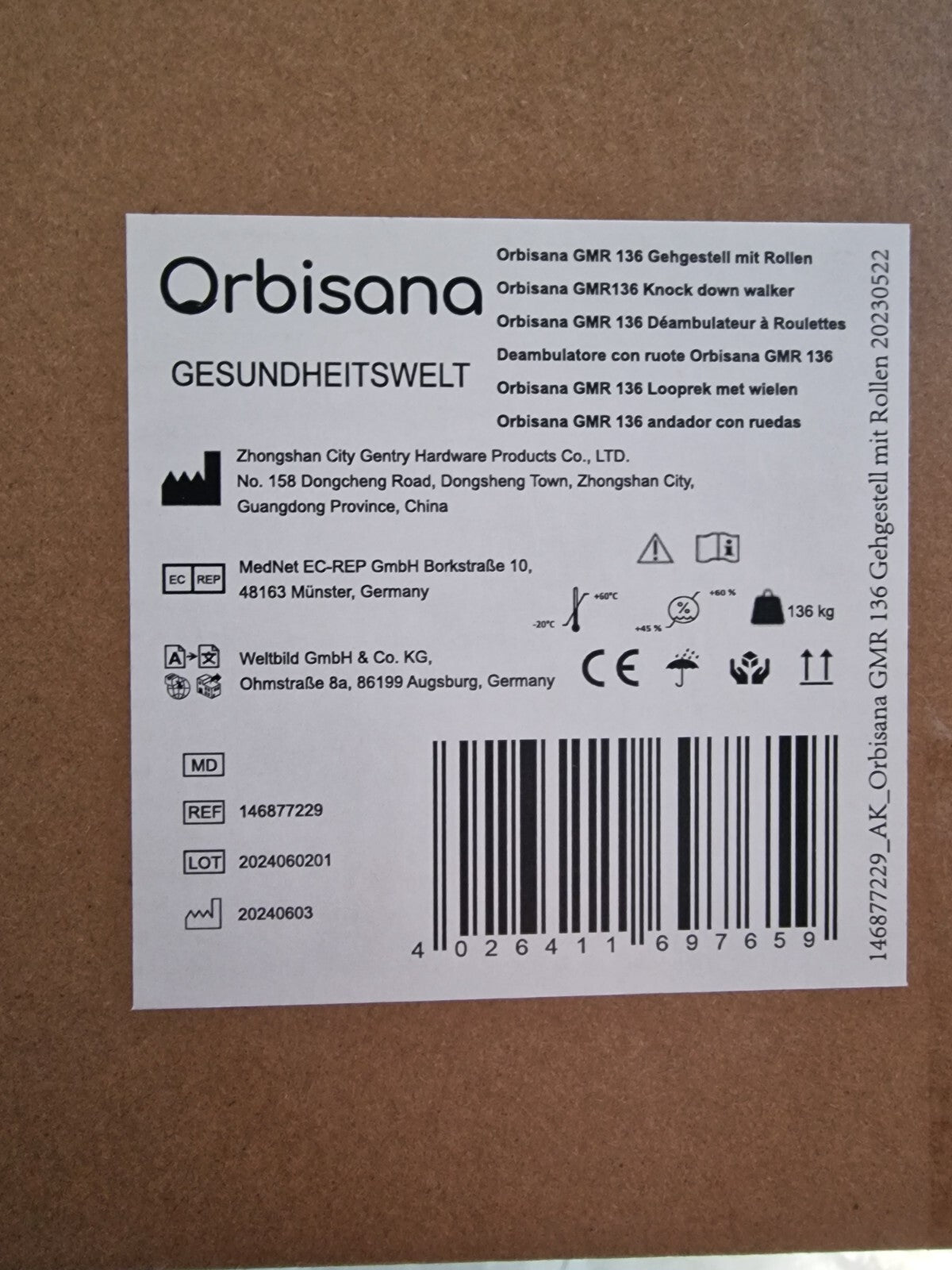 Orbisana GMR 136 Gehgestell mit Rollen Gehwagen Senioren Rollator