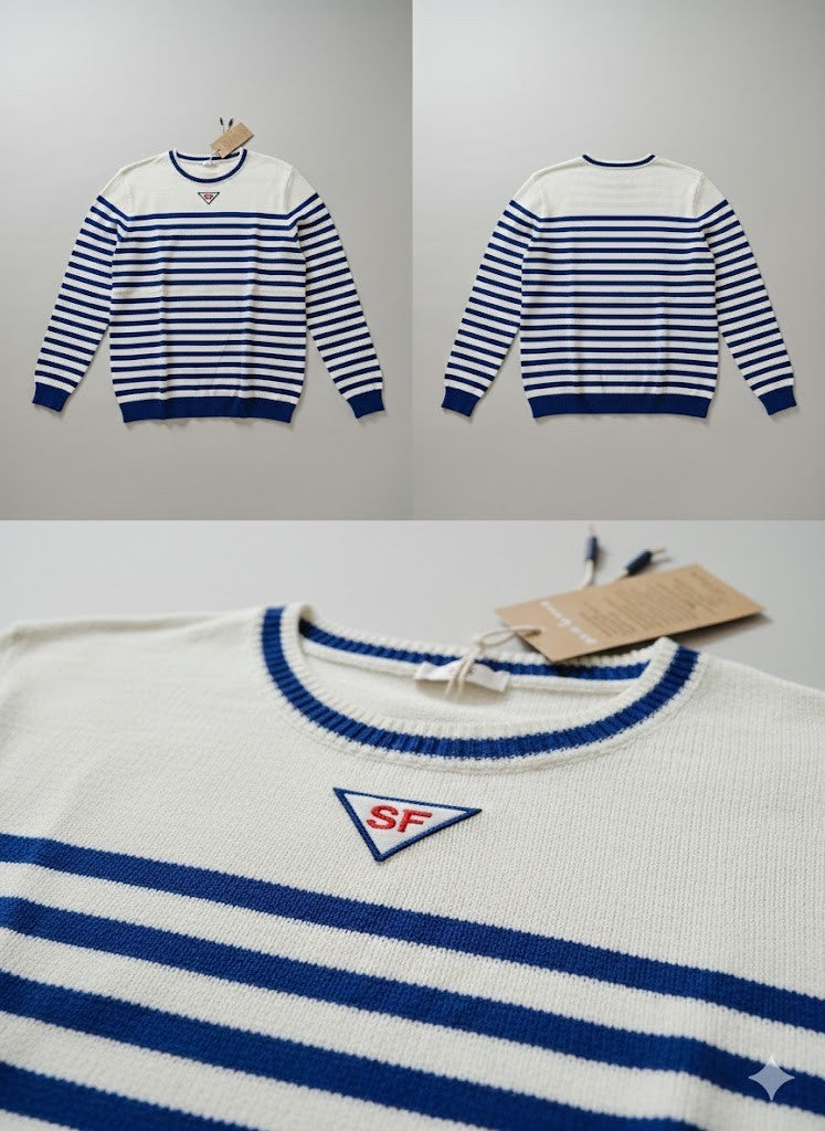 Strandfein Menswear Pullover Rundhals Offwhite/Royalblau L Gestreift Herren