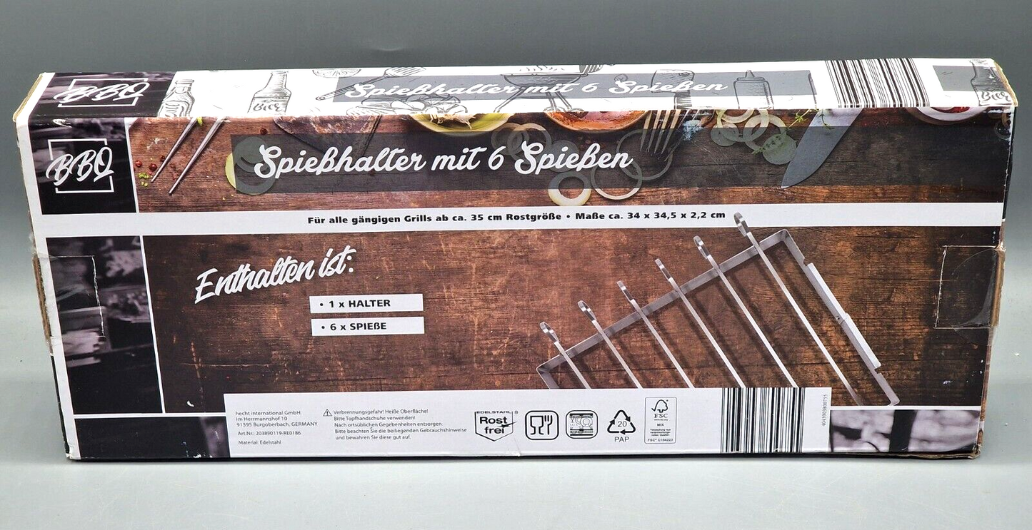 Grillspieß Set Edelstahl – Spießhalter mit 6 Spießen BBQ
