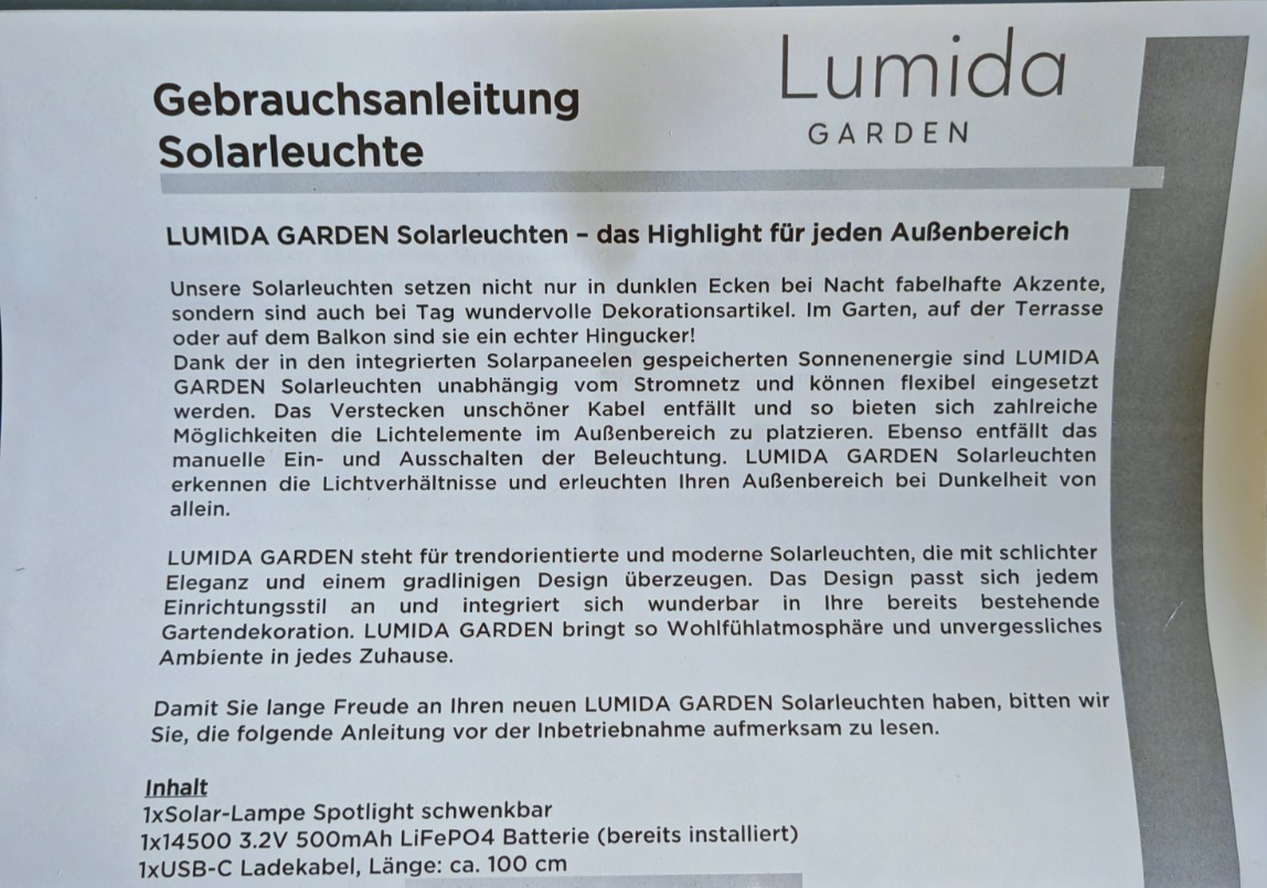 LUMIDA Garden Solar Spotlight RGB warmweiß USB-C Gartenleuchte schwenkbar C-06