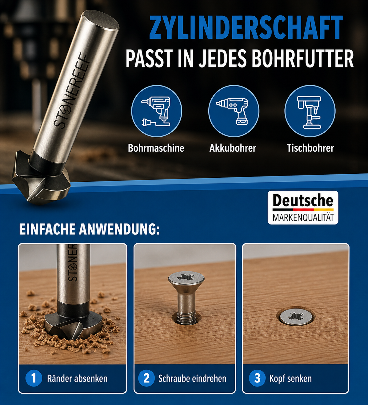 Kegelsenker Set 4tlg HSS 6,3-16,5mm Metall Holz Senker Bohrer Set