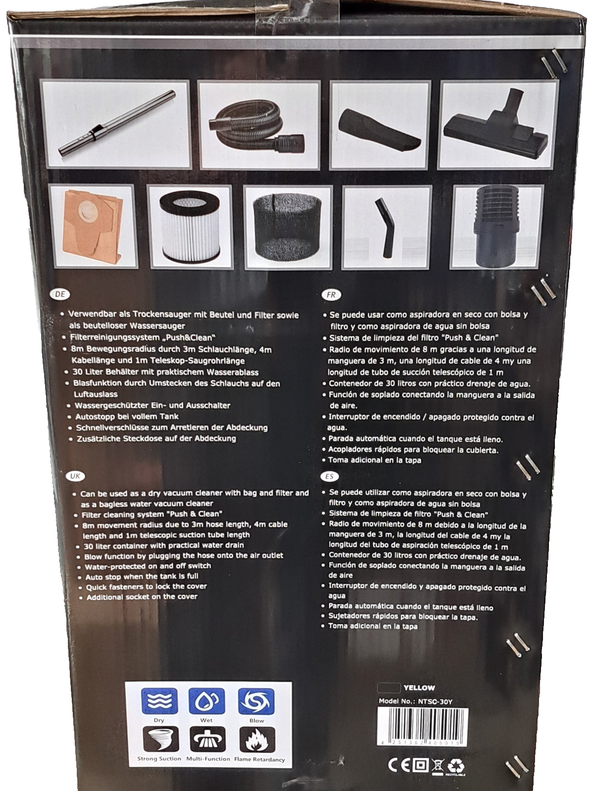 DMS® NTSC-30Y 4 in 1 Nass und Trocken Industriestaubsauger 30L 2300W Farbe: Gelb