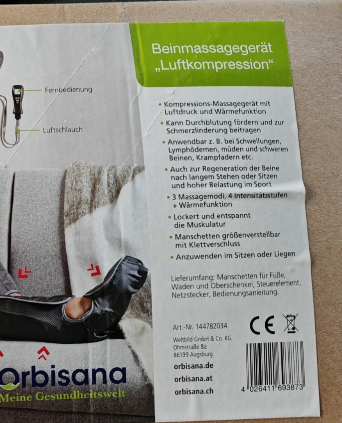 Orbisana Beinmassagegerät Luftmassagegerät Luftkompression Durchblutung D10