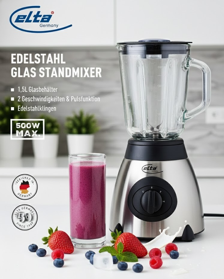 Elta Edelstahl Glas Standmixer 1,5 L Edelstahlklingen Küchenmixer