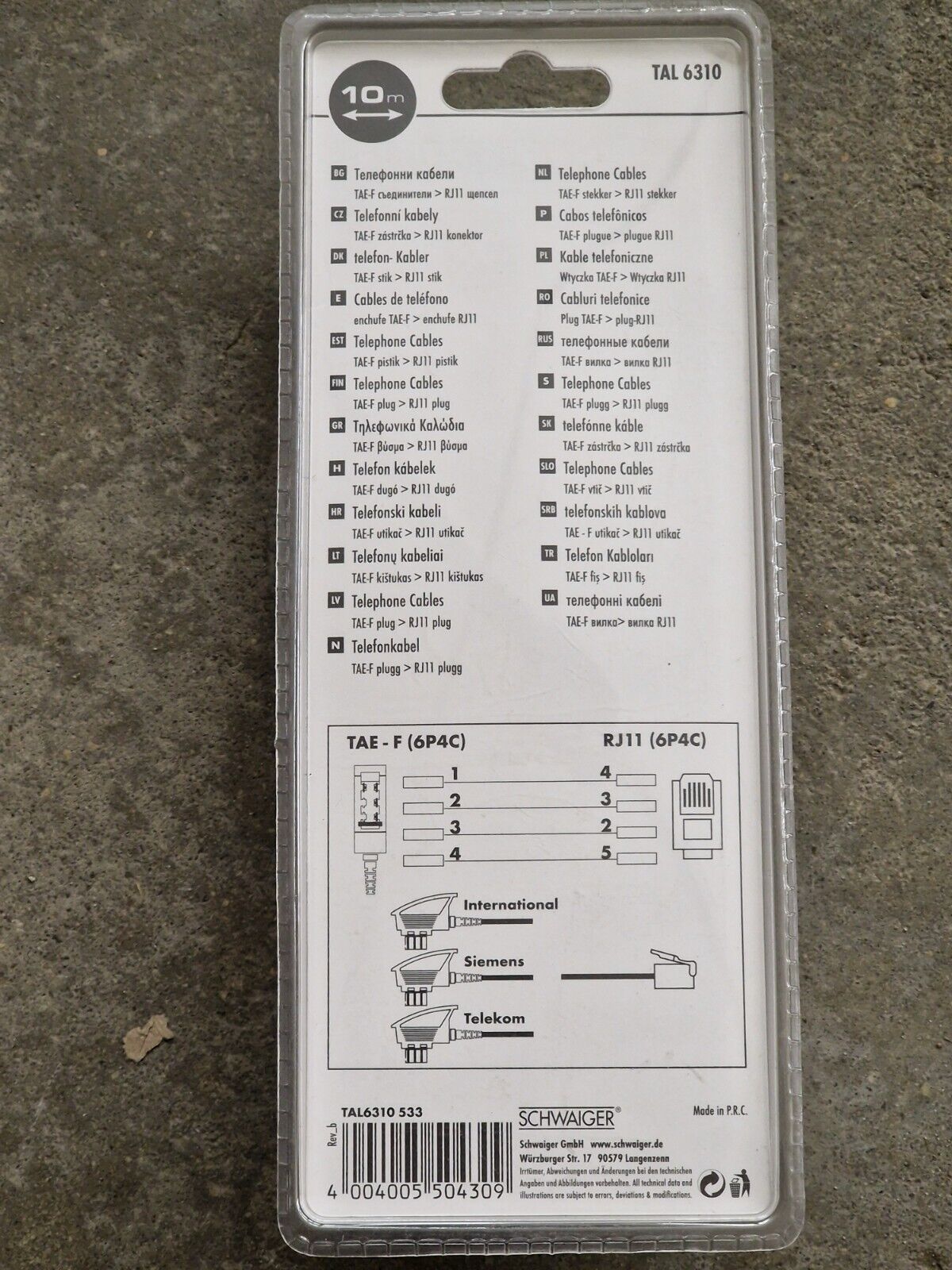 Schwaiger TAL 6310 Telefonkabel TAE-F Stecker RJ 11 Stecker 10 Meter